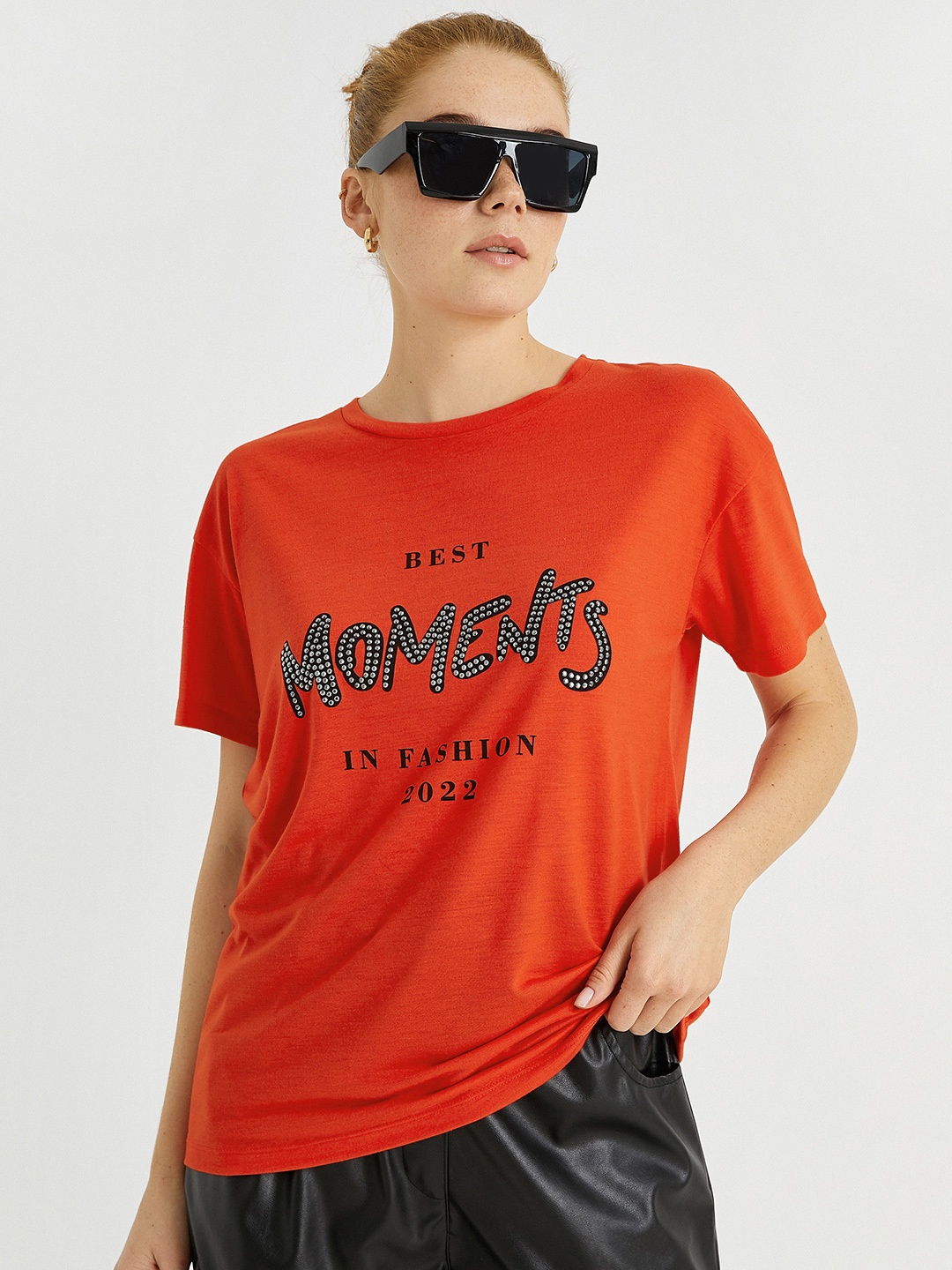 

Koton Women Orange & Black Typography Print Round Neck T-shirt
