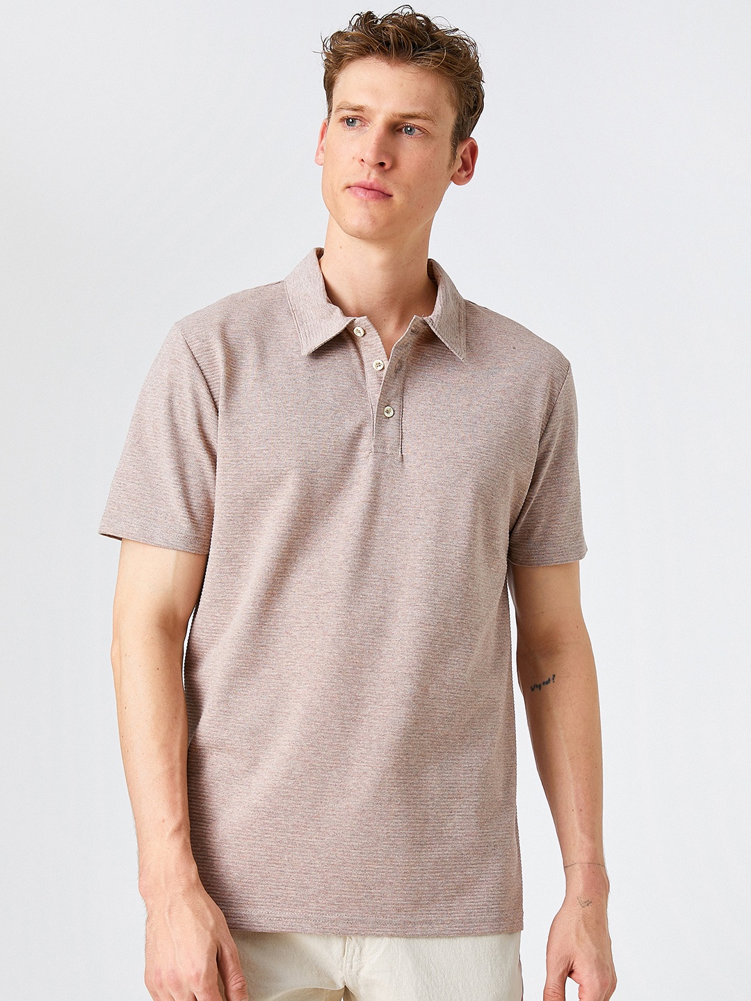 

Koton Dusty Pink Textured Regular Fit Polo Collar T-shirt, Rose
