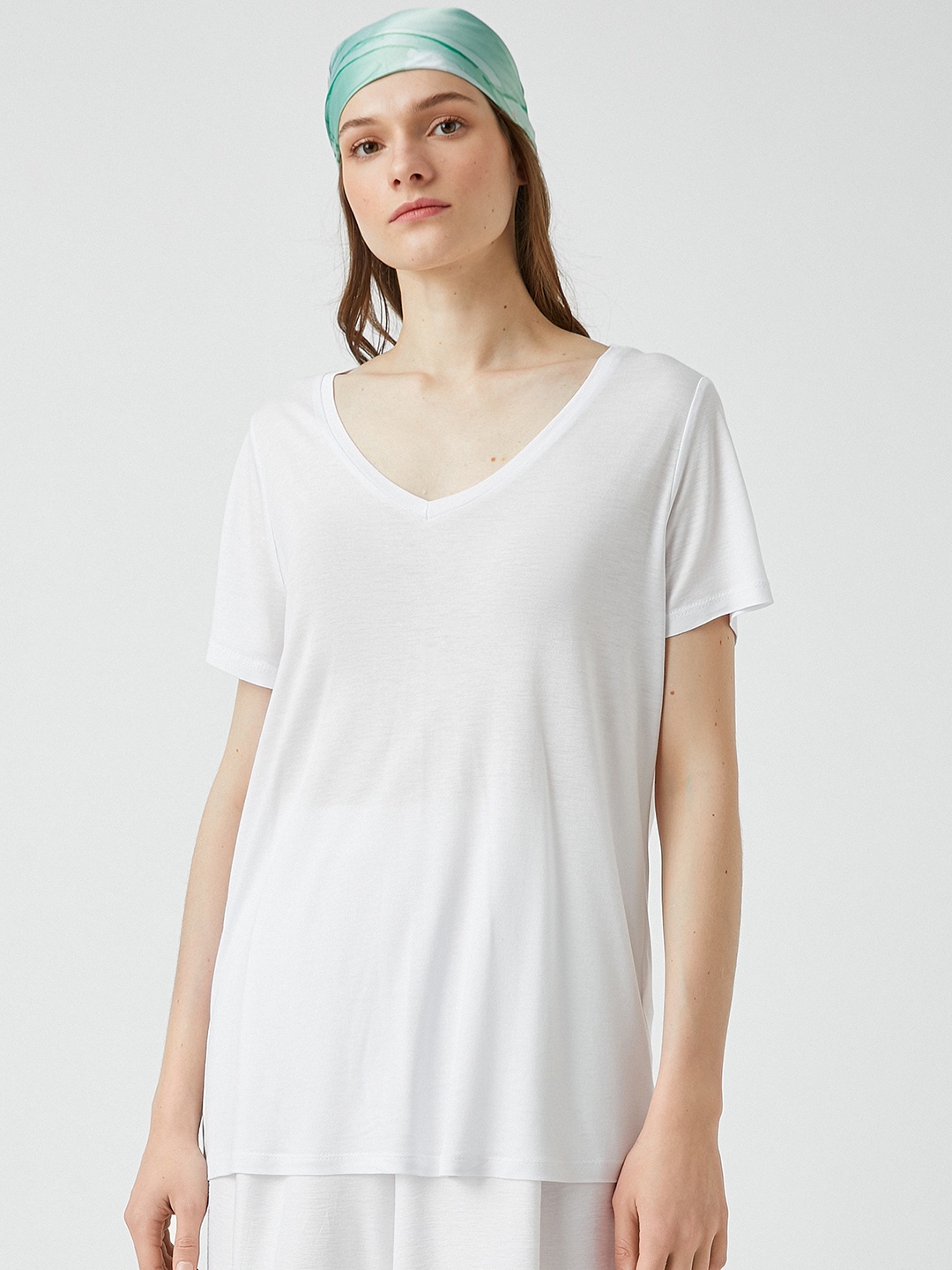 

Koton Women White V-Neck Solid T-shirt