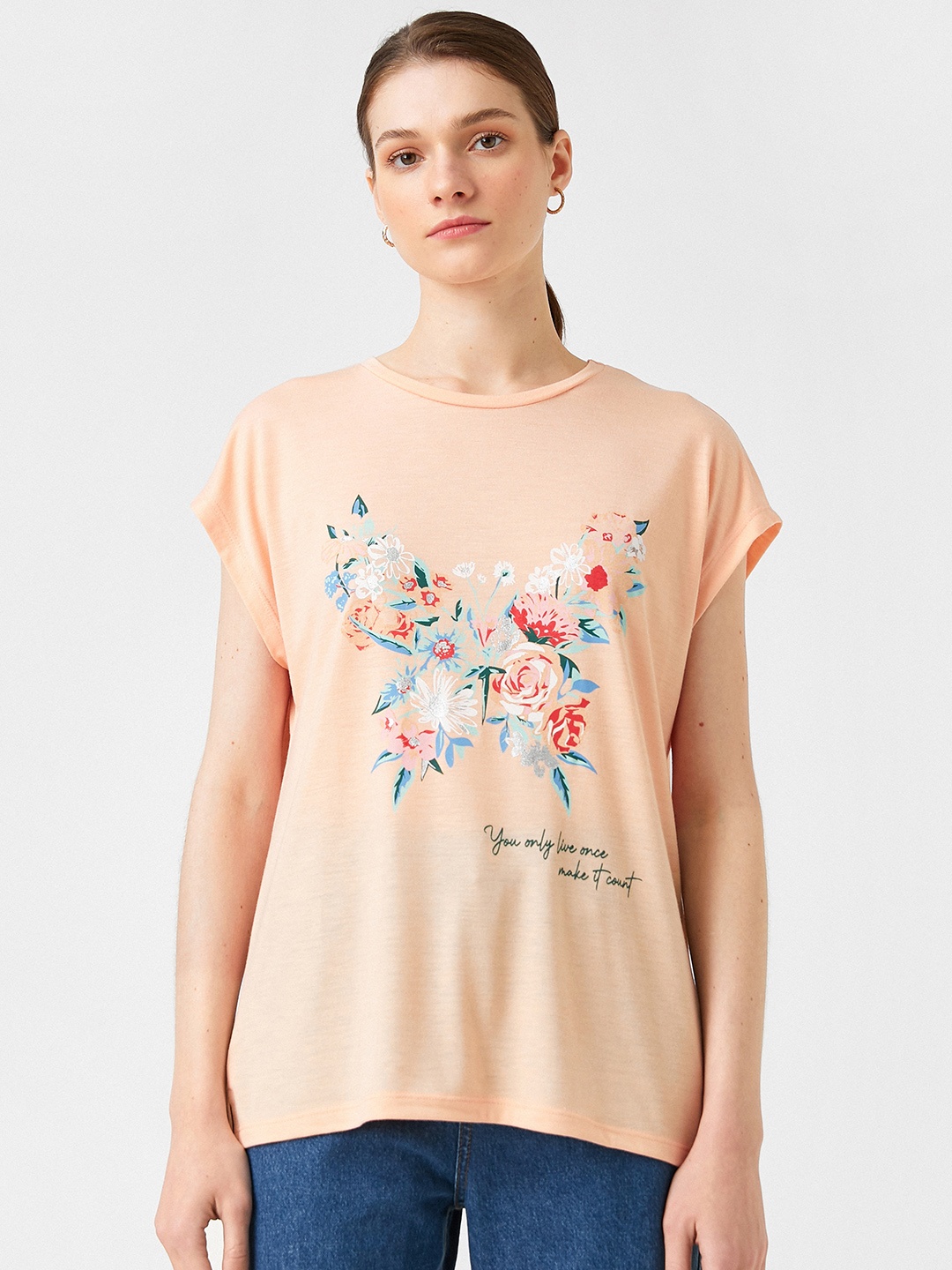 

Koton Women Peach-Coloured Floral Printed Extended Sleeves T-shirt