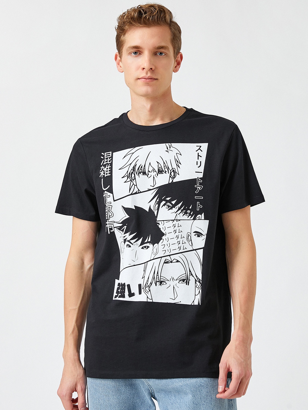 

Koton Men Black & White Anime Printed Pure Cotton T-shirt