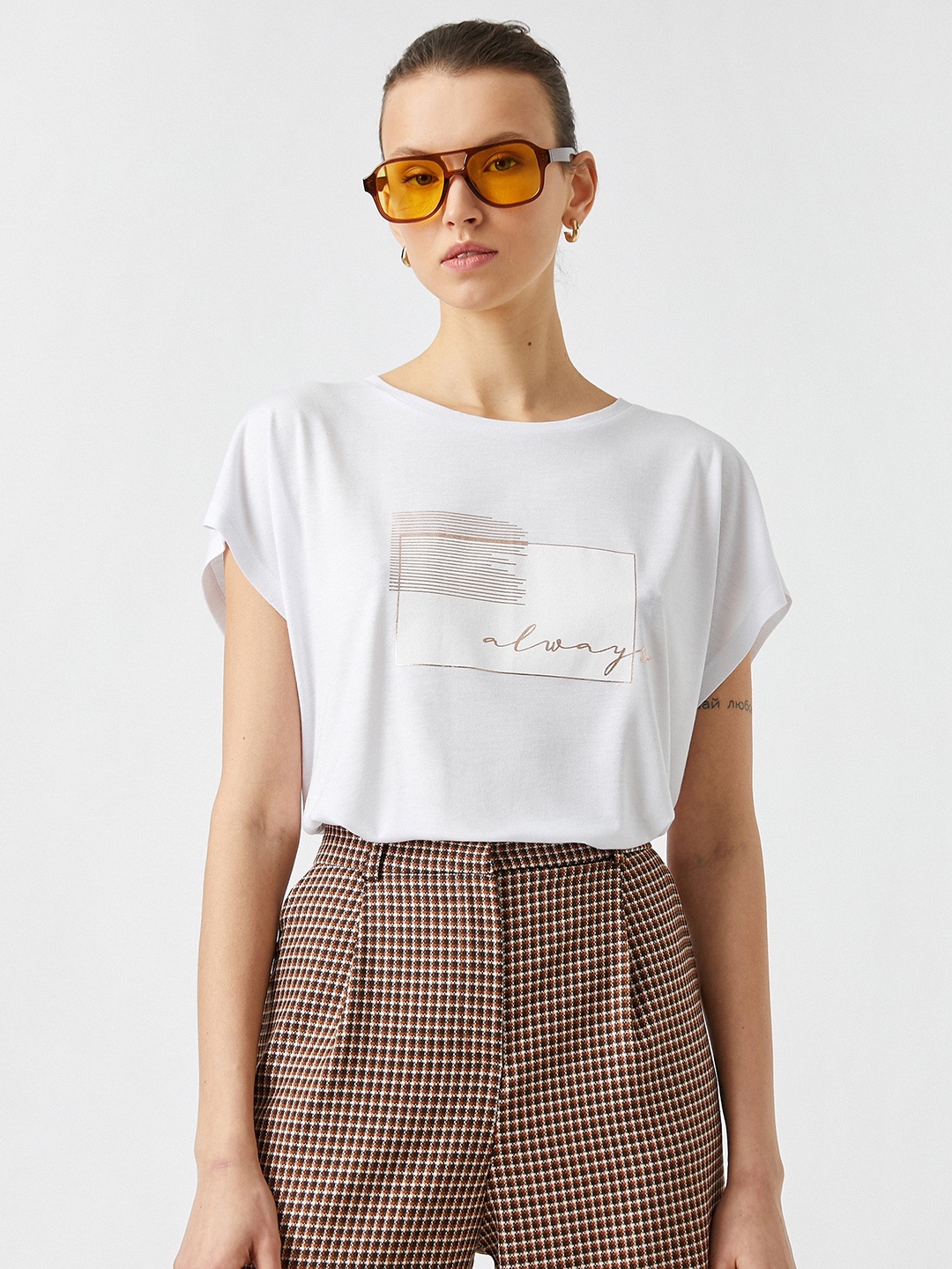 

Koton Women White & Golden Typography Printed Extended Sleeves T-shirt