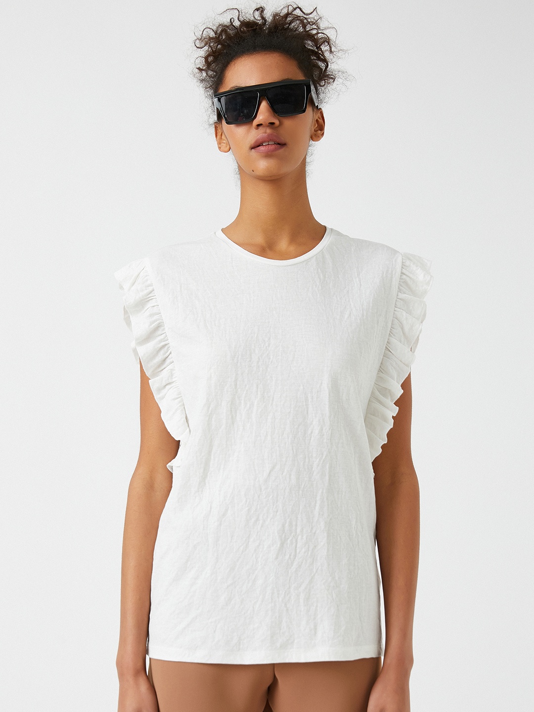 

Koton White Round Neck Flutter Sleeves Ruffle Detail Top