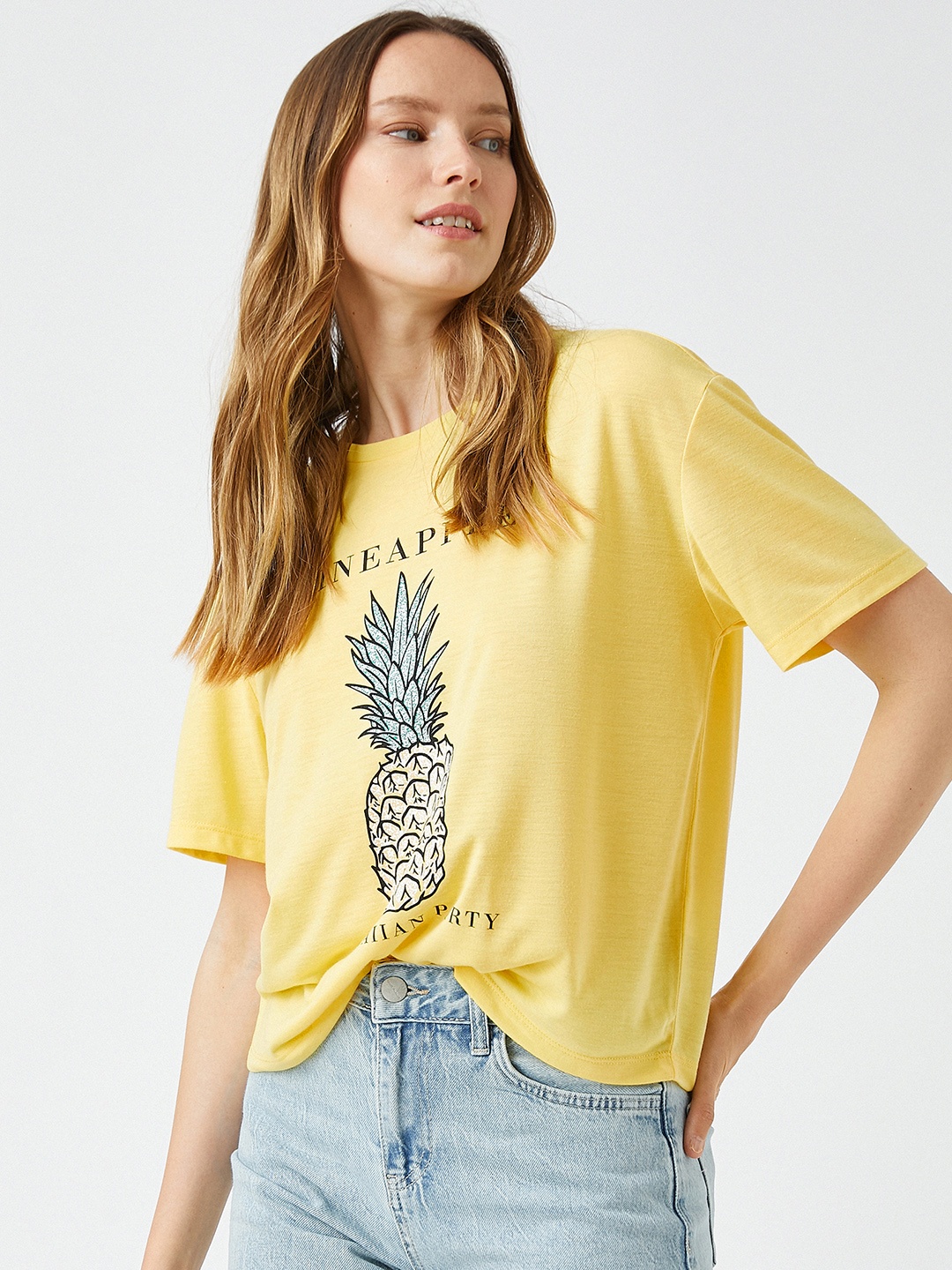 

Koton Women Yellow & Green Printed Drop-Shoulder Sleeves T-shirt