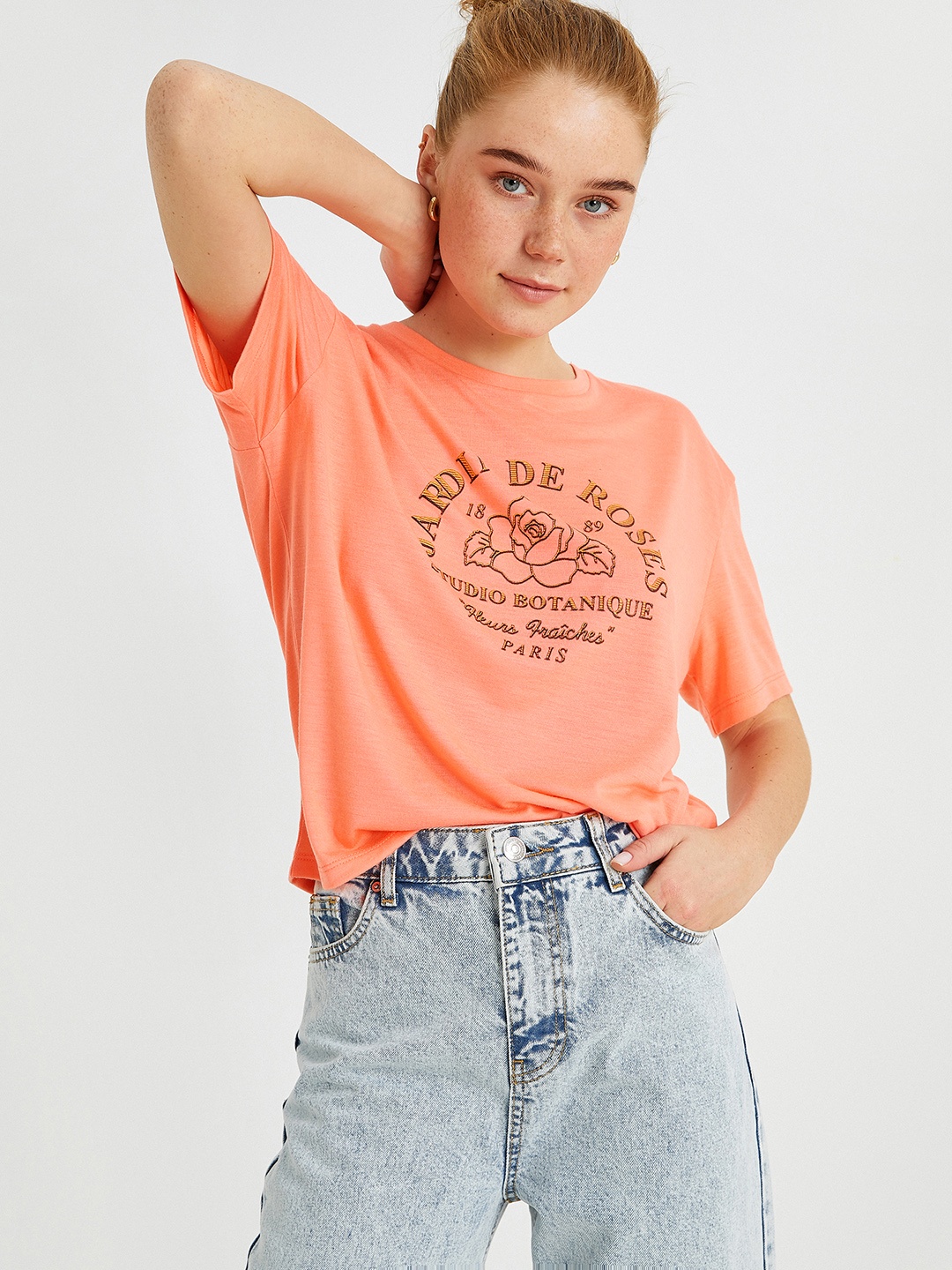 

Koton Women Coral Pink & Mustard Yellow Printed Drop-Shoulder Sleeves T-shirt