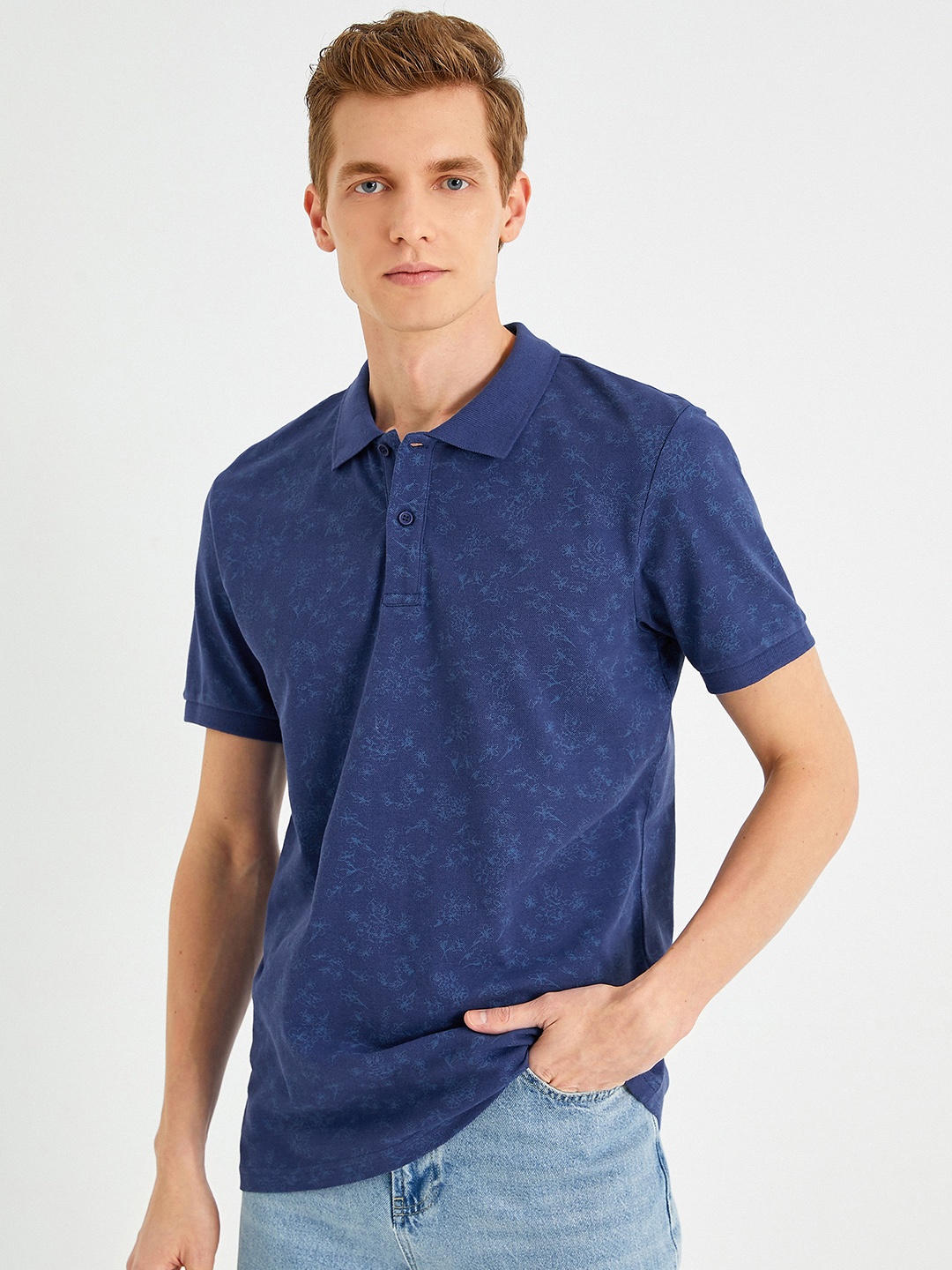 

Koton Men Navy Blue Floral Printed Polo Collar Pure Cotton Slim Fit T-shirt
