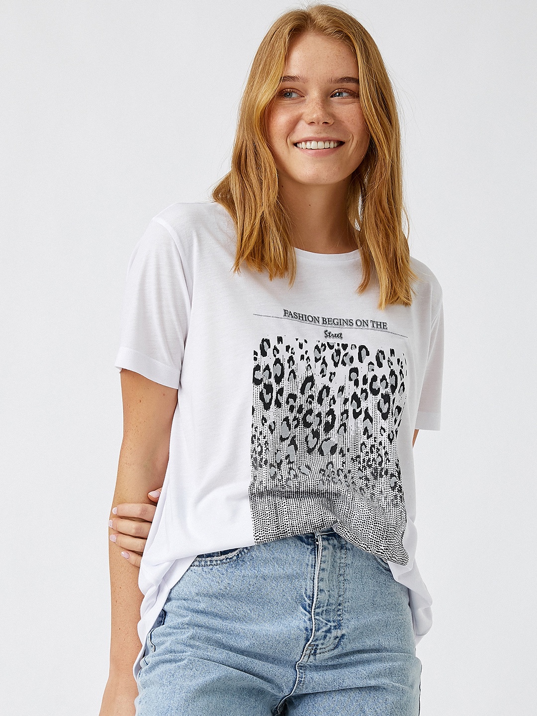 

Koton Women White & Black Animal Print T-shirt