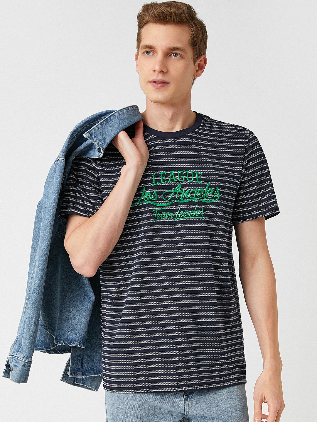 

Koton Men Navy Blue & Grey Typography Striped T-shirt