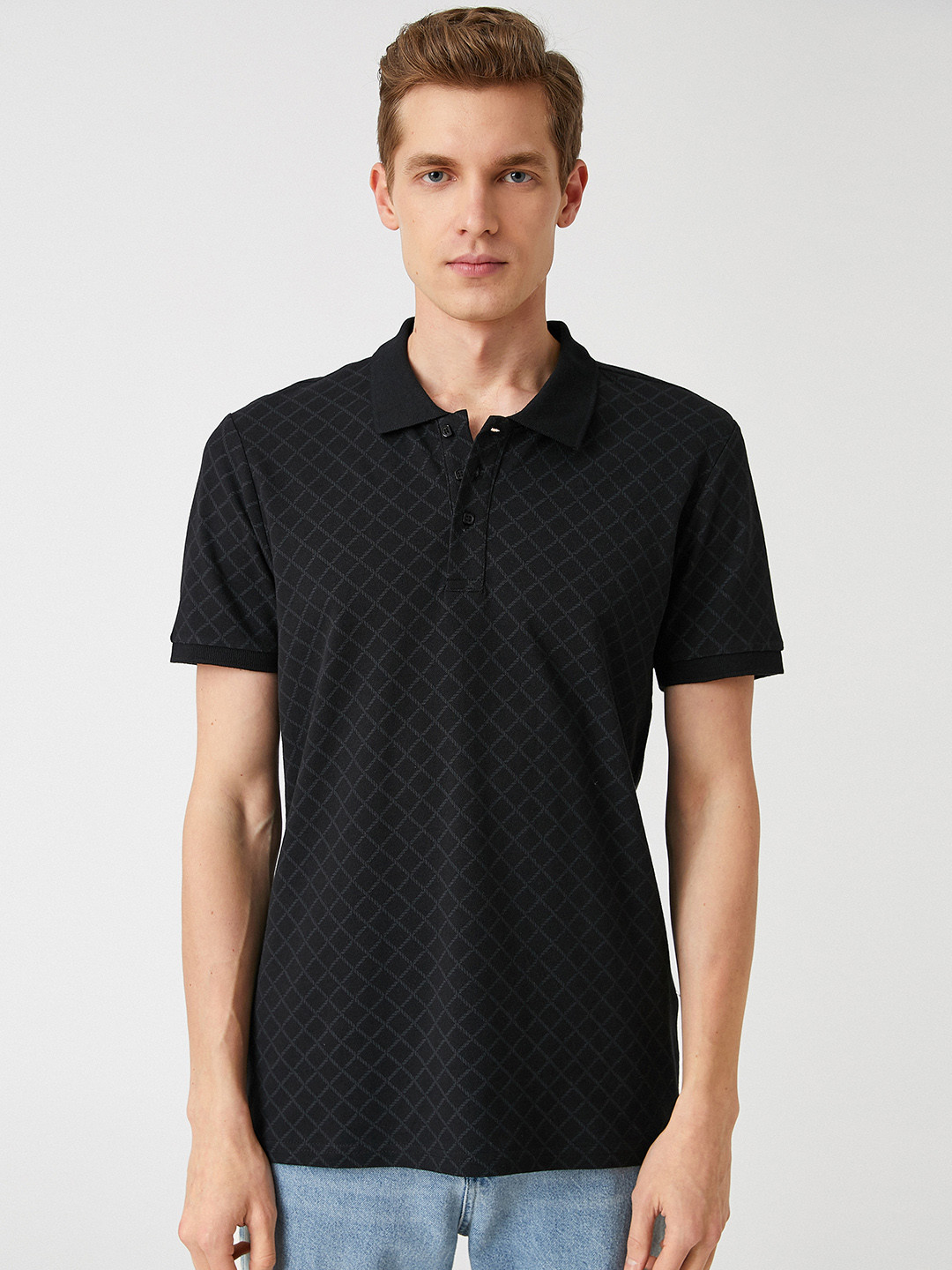 

Koton Men Black Printed Polo Collar Pure Cotton Slim Fit T-shirt