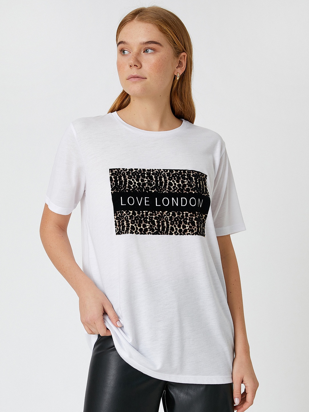 

Koton Women White & Black Printed Velvet Detail T-shirt