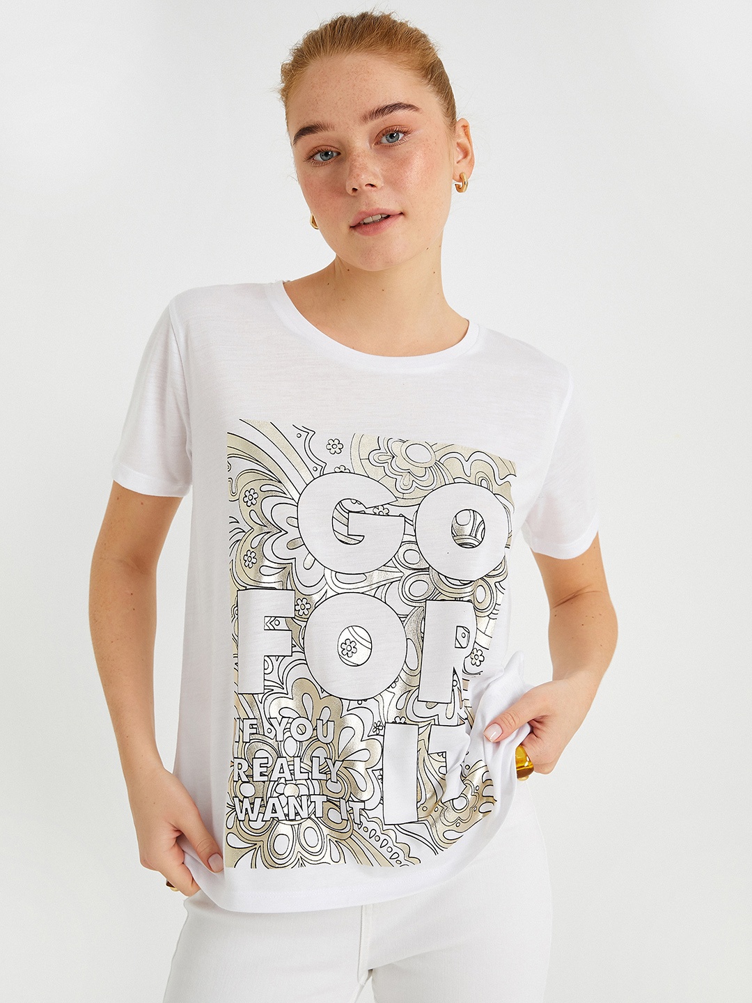 Koton Women White & Golden Typography Print Round Neck T-shirt
