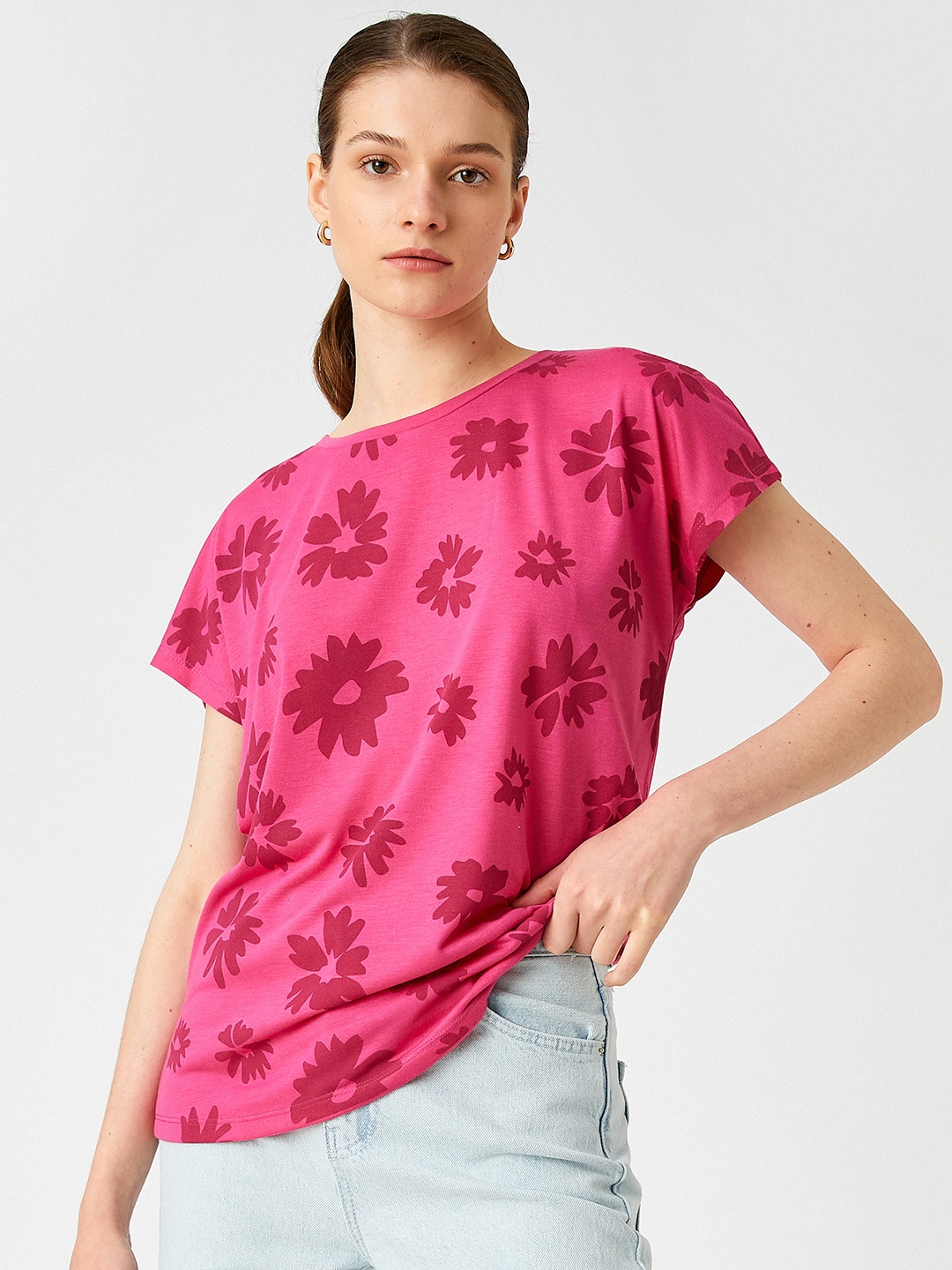 

Koton Women Pink Floral Printed Extended Sleeves T-shirt