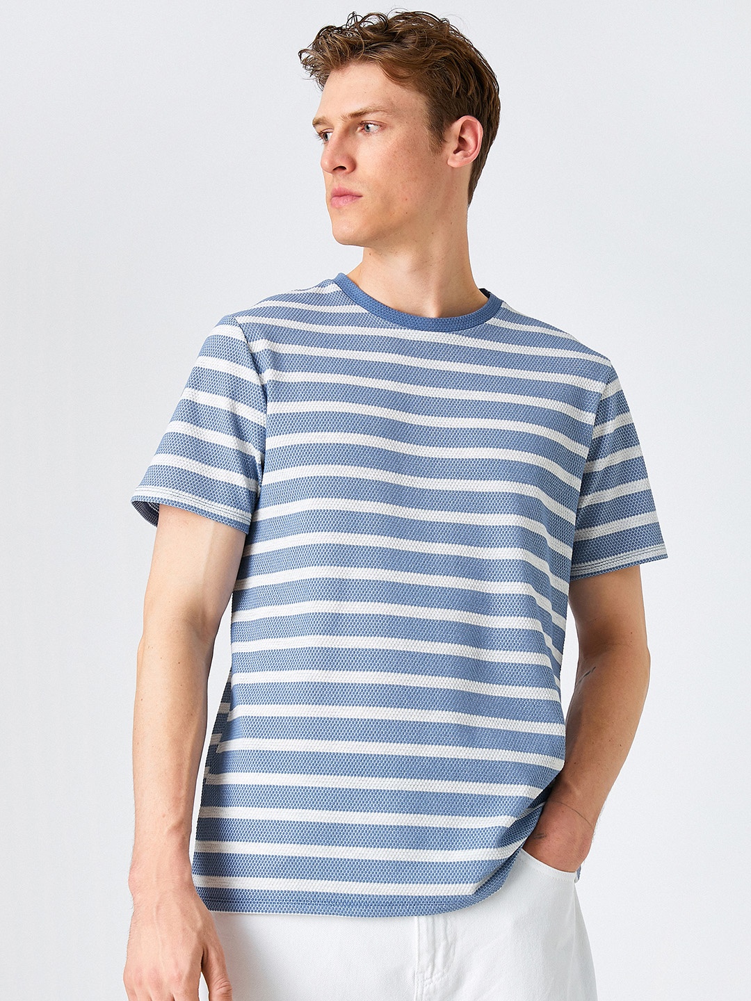 

Koton Men Blue & White Striped Drop-Shoulder Sleeves T-shirt