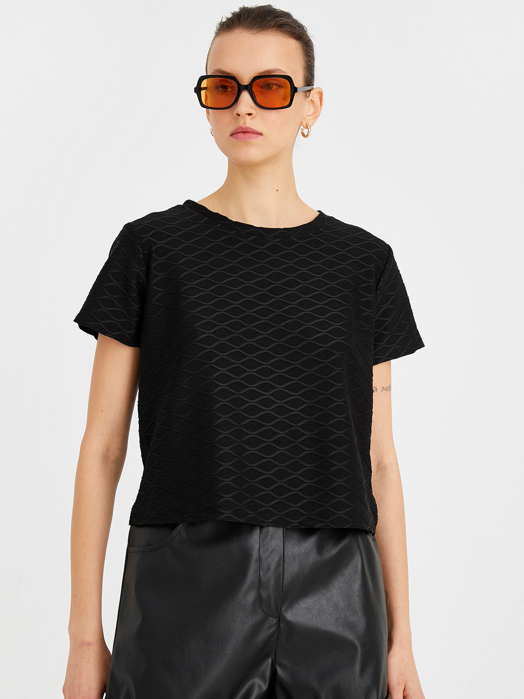 

Koton Women Black Self-Design T-shirt