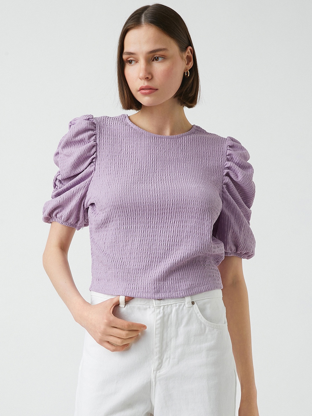 

Koton Women Lavender Solid Puff Sleeves Knitted Top