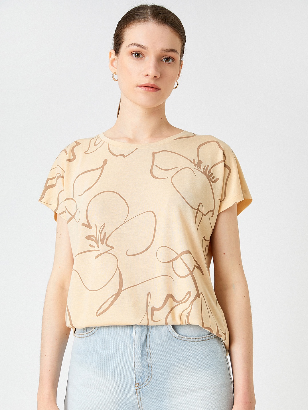 

Koton Women Beige & Brown Printed Extended Sleeves T-shirt