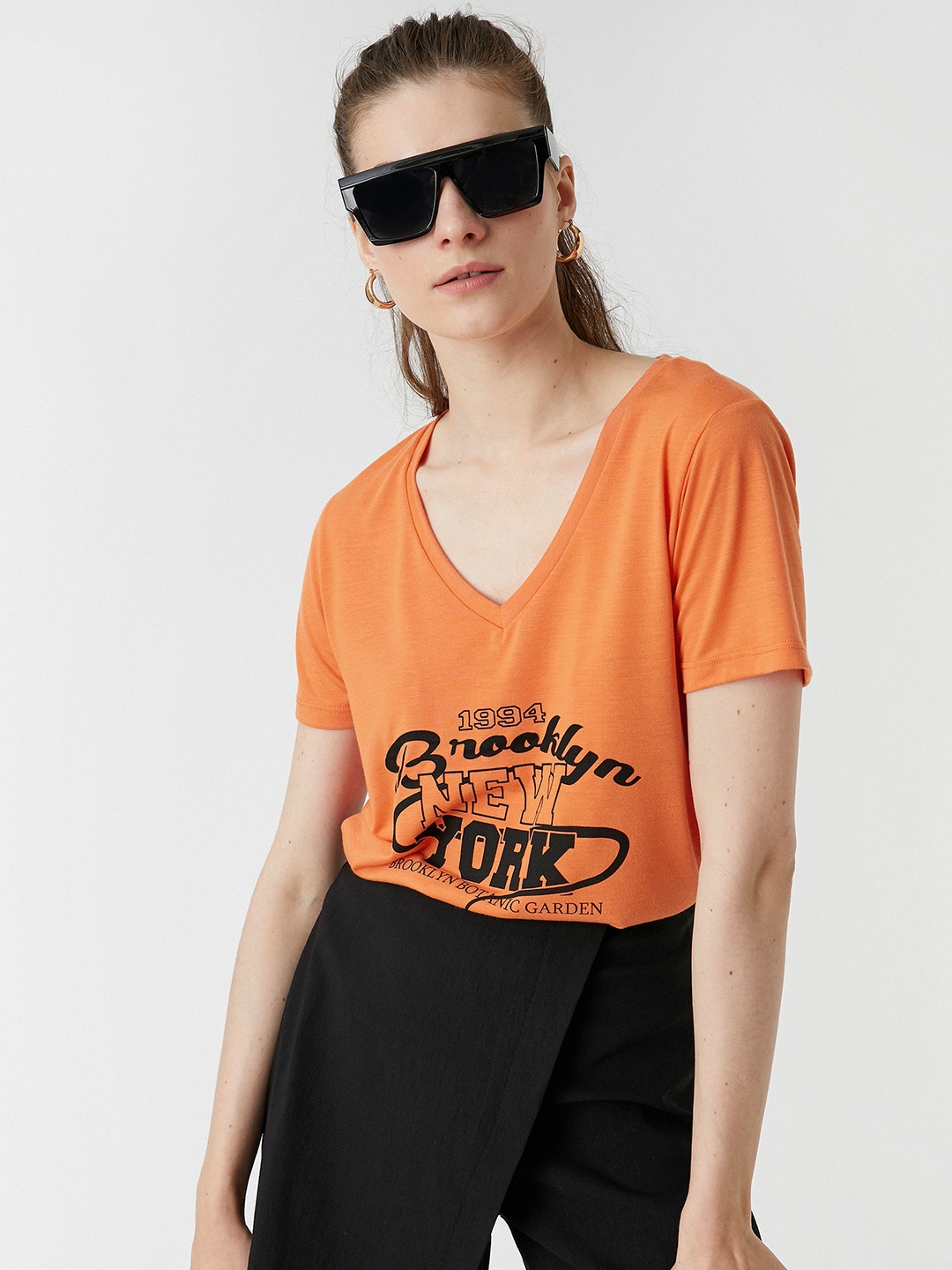 Koton Women Orange & Black Typography Printed V-Neck T-shirt