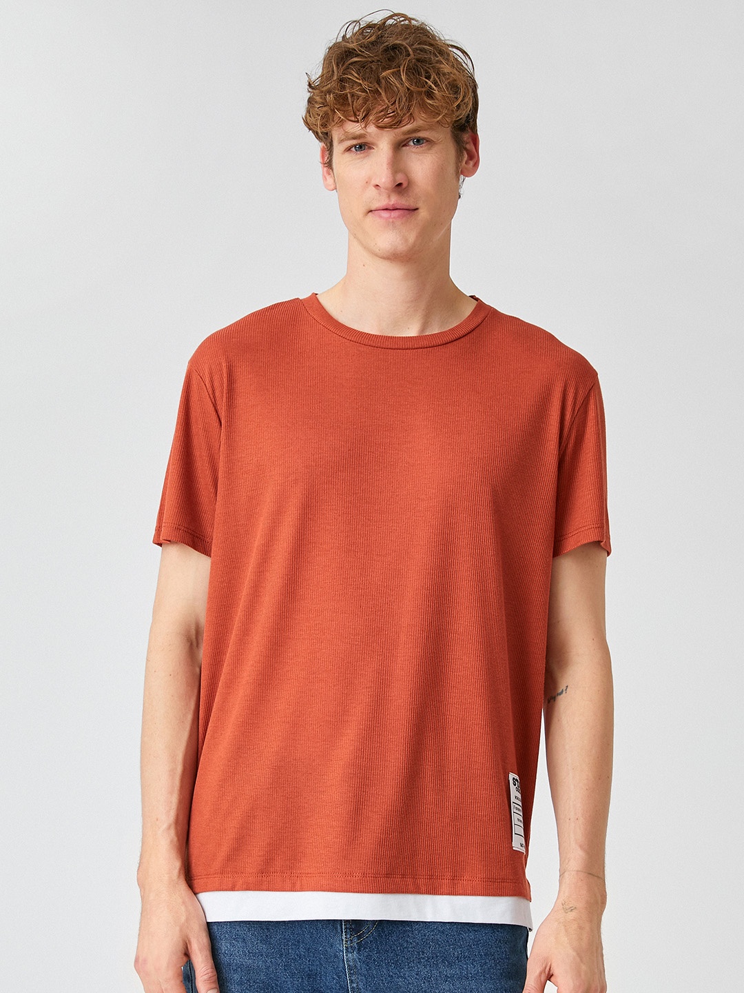 

Koton Men Rust Orange Solid Oversized T-shirt