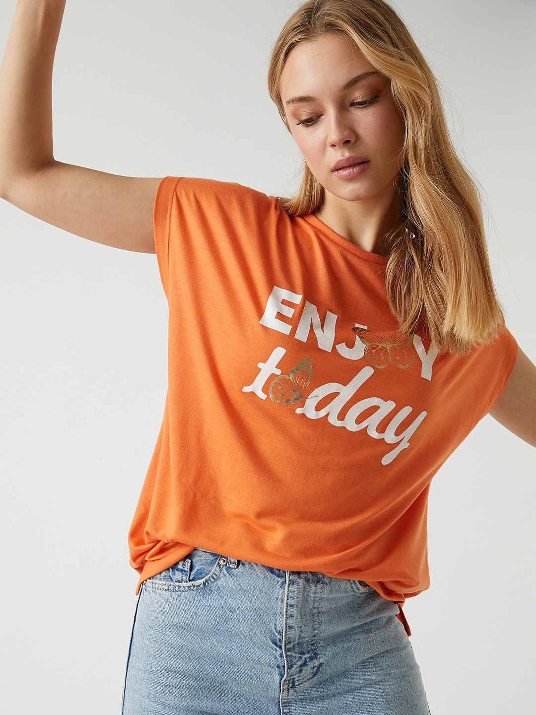 

Koton Women Orange & White Typography Print Extended Sleeves T-shirt