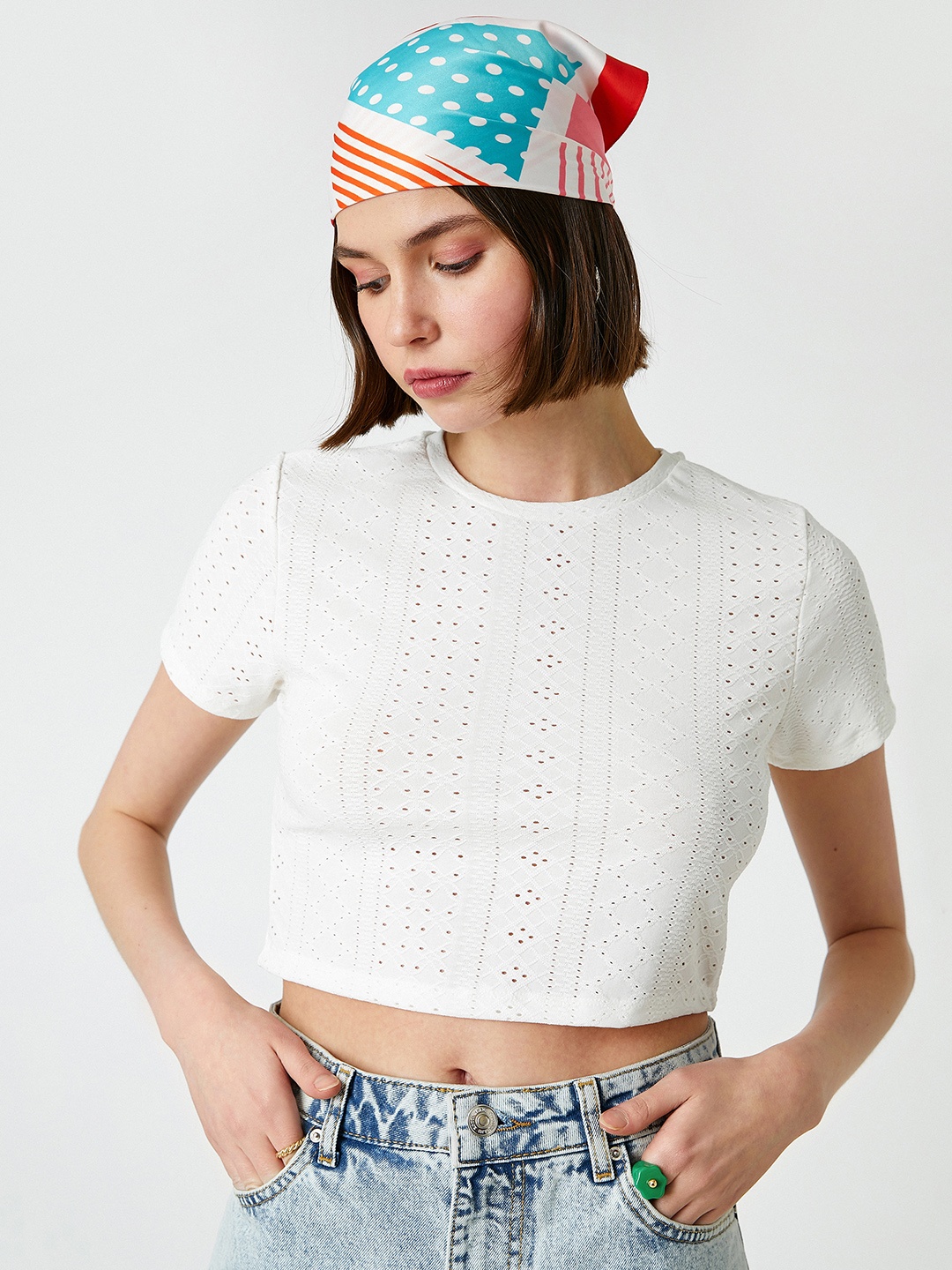 

Koton Women White Solid Schiffli Detail T-shirt