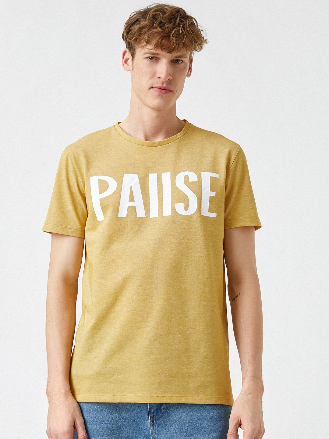 

Koton Men Mustard Yellow & White Typography Printed Slim Fit T-shirt