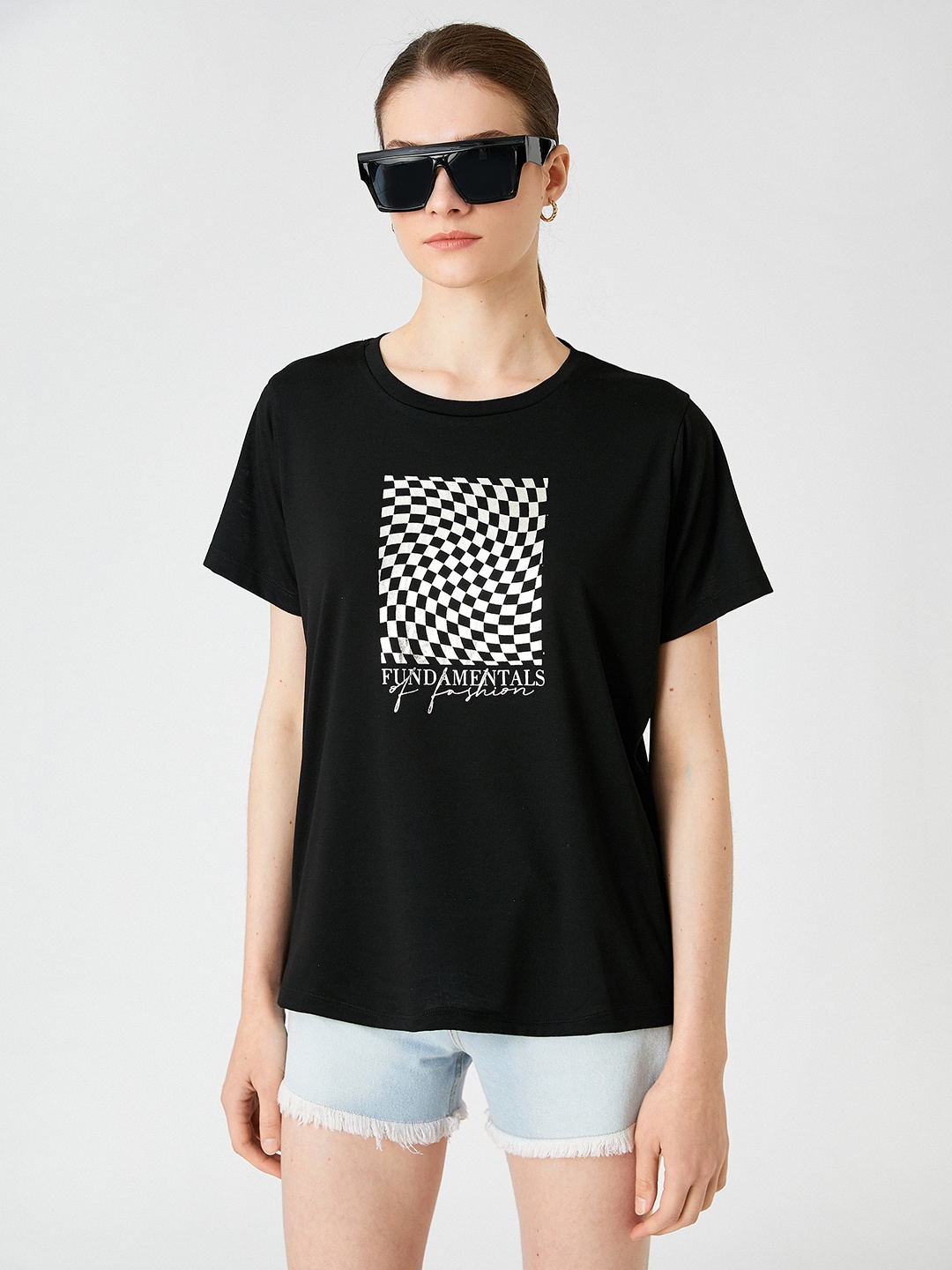 

Koton Women Black & Golden Printed Drop-Shoulder T-shirt