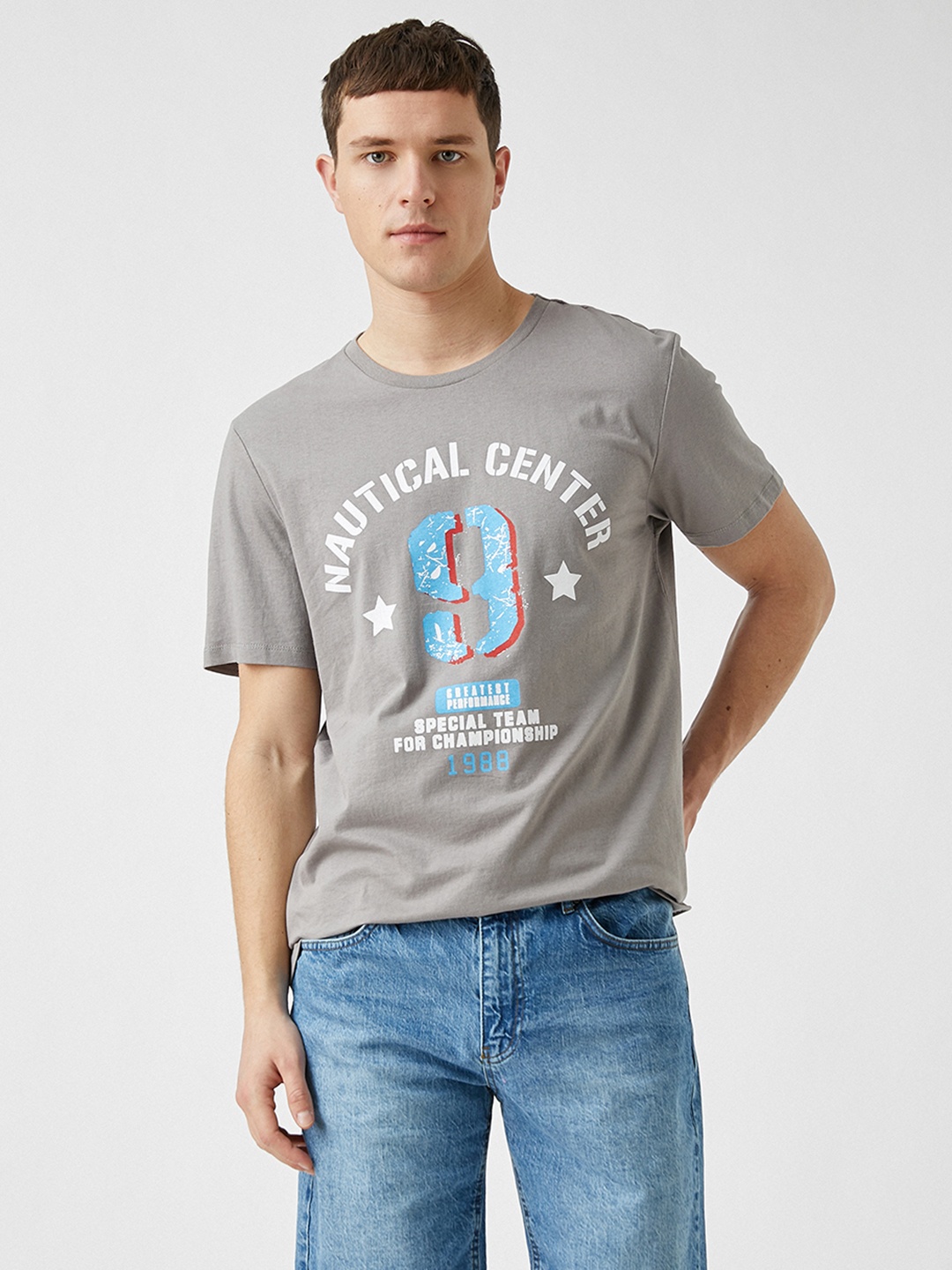

Koton Men Grey & White Typography Printed Pure Cotton Standard Fit T-shirt