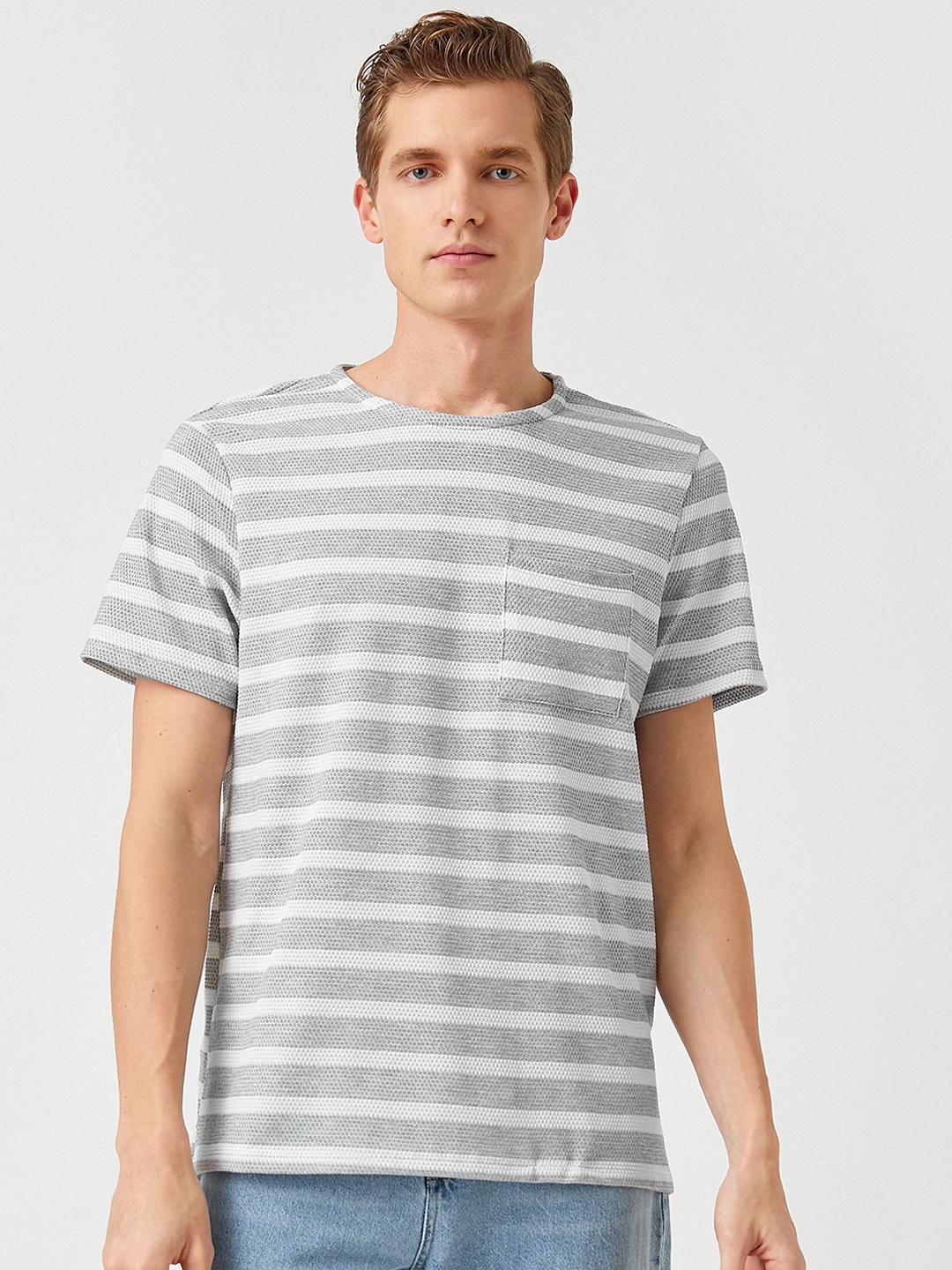 

Koton Men Grey & White Striped T-shirt