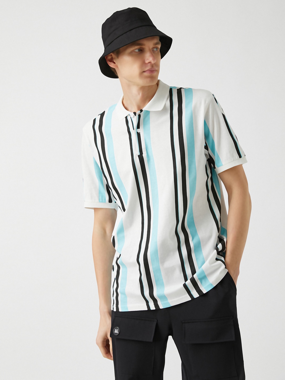 

Koton Men White & Blue Striped Polo Collar Pure Cotton Slim Fit T-shirt