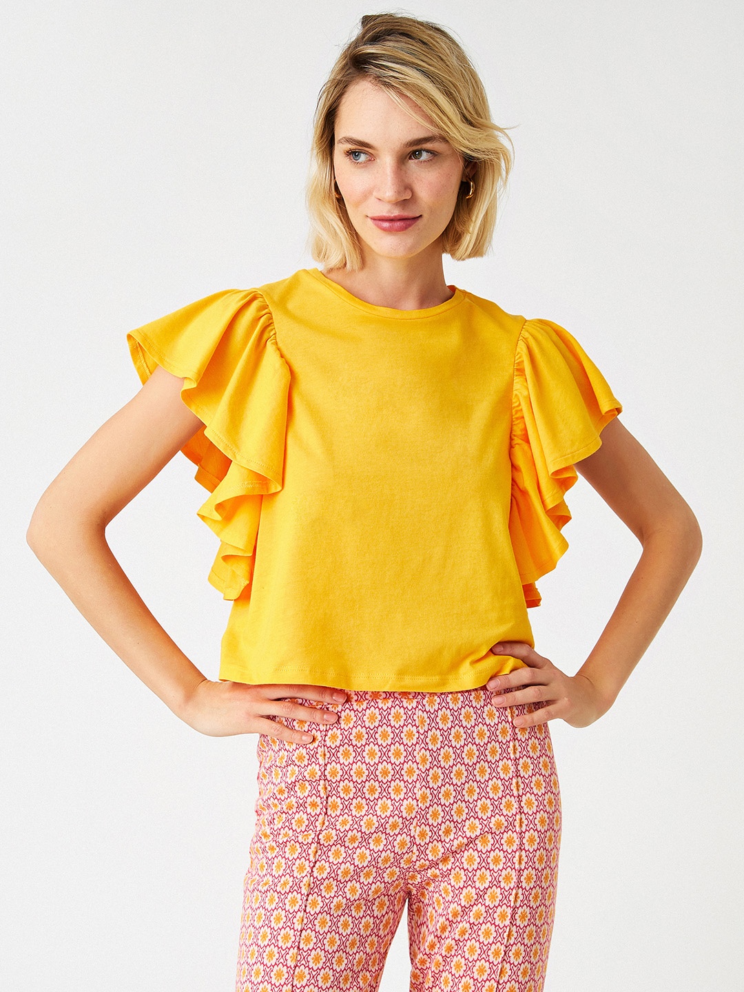 

Koton Women Yellow Solid Pure Cotton Flutter Sleeves Regular Top