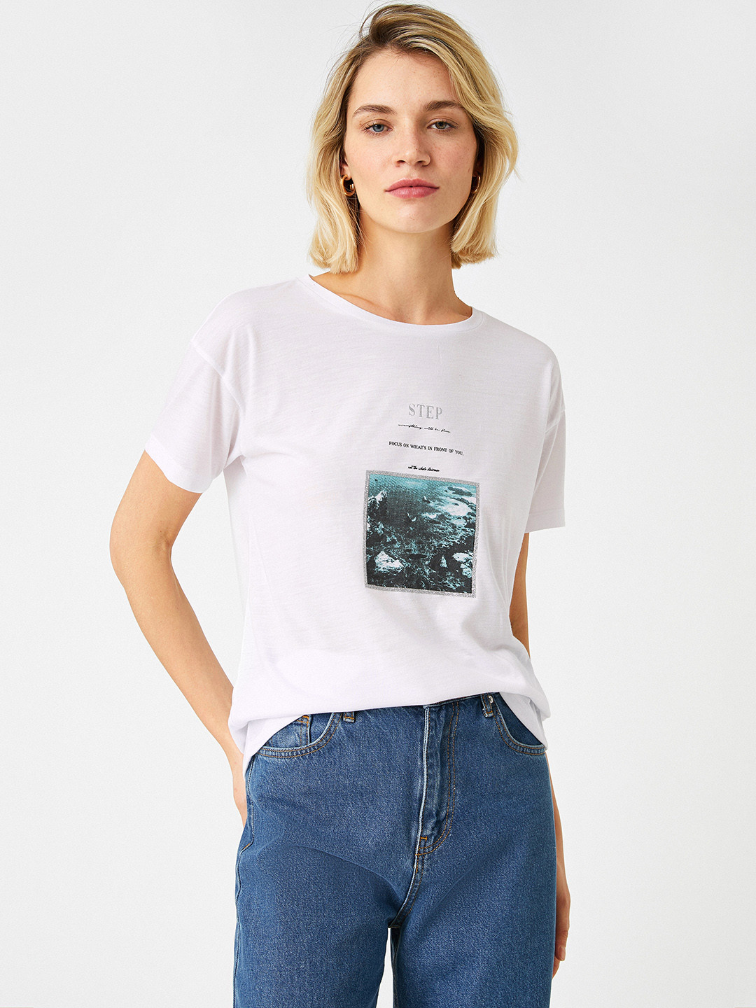 

Koton Women White & Blue Typography Printed Extended Sleeves T-shirt