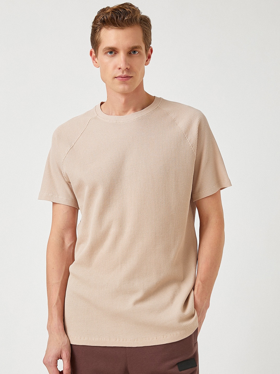 

Koton Men Beige Pure Cotton Textured T-shirt