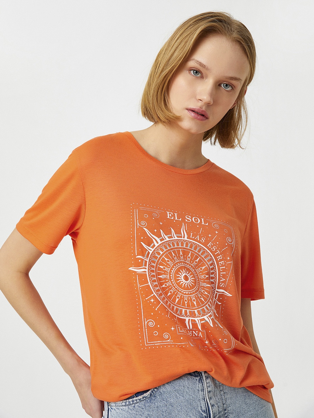 

Koton Women Orange & White Printed T-shirt