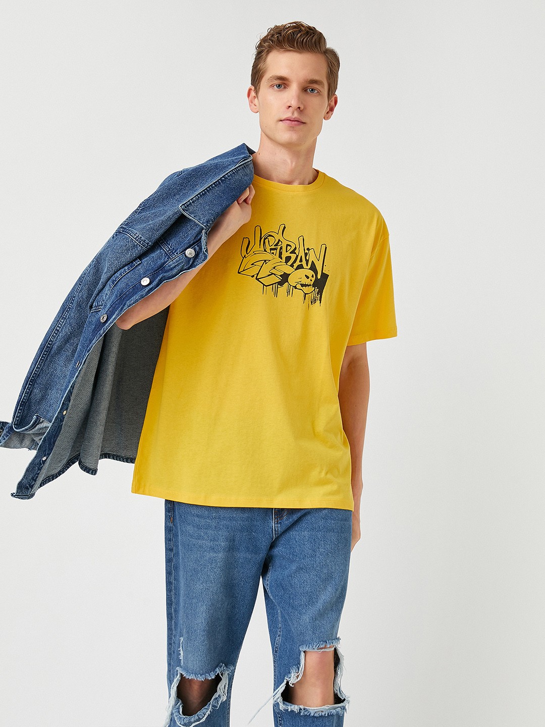 

Koton Men Yellow & Black Typography Printed Drop-Shoulder Sleeves Pure Cotton T-shirt
