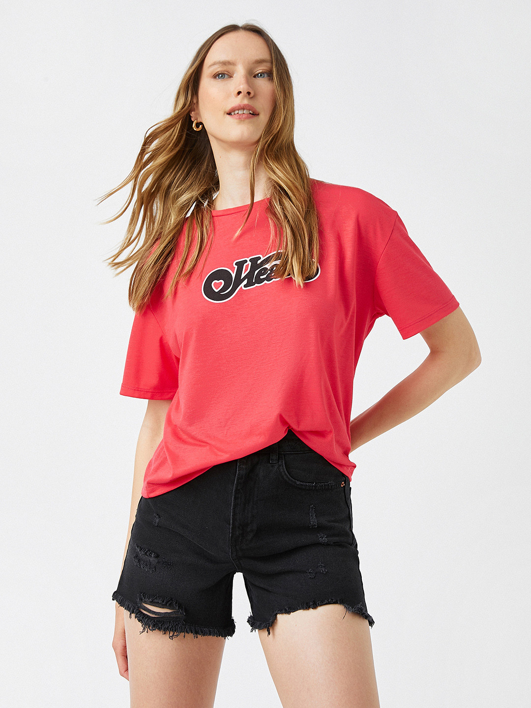

Koton Women Red & Black Typography Printed Drop-Shoulder Sleeves T-shirt