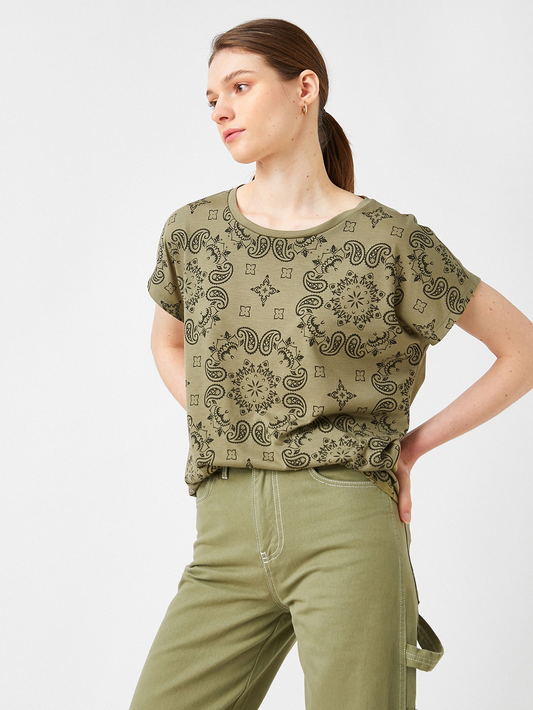 

Koton Women Olive Green & Black Ethnic Motifs Printed T-shirt