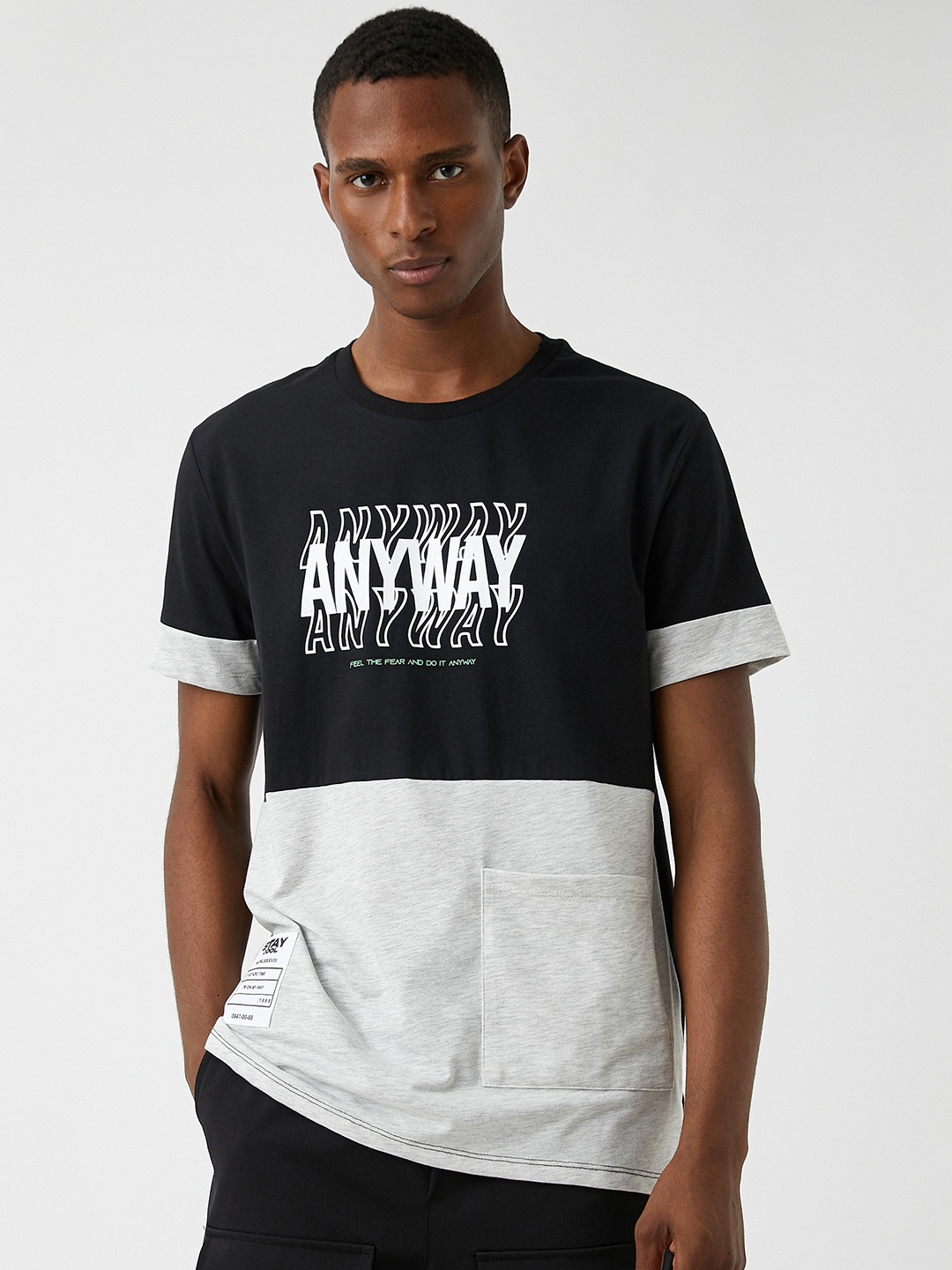 

Koton Black & Grey Colourblocked Pure Cotton T-shirt With Pocket Detail