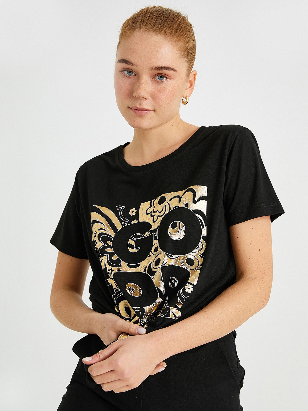 

Koton Women Black & Golden Printed Drop-Shoulder T-shirt