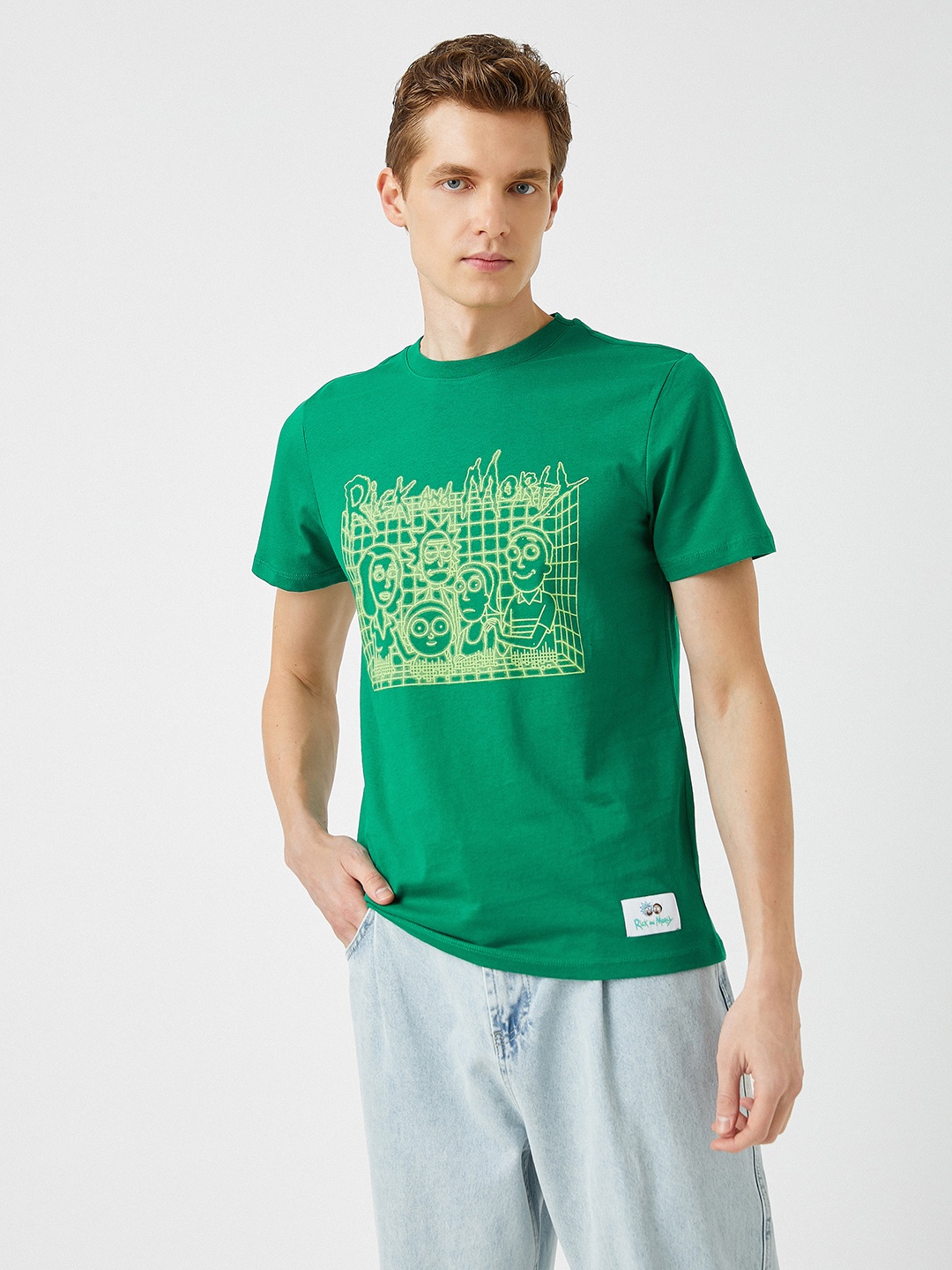 

Koton Men Green & Yellow Rick and Morty Printed Pure Cotton T-shirt