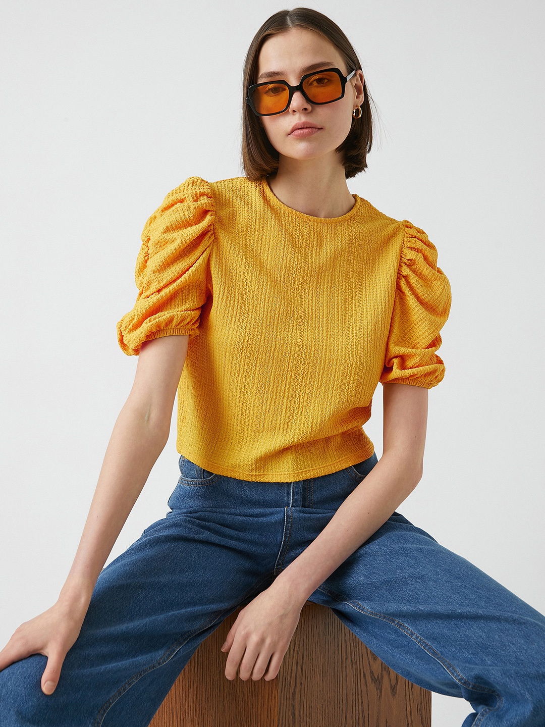 

Koton Mustard Yellow Self Design Puff Sleeves Top