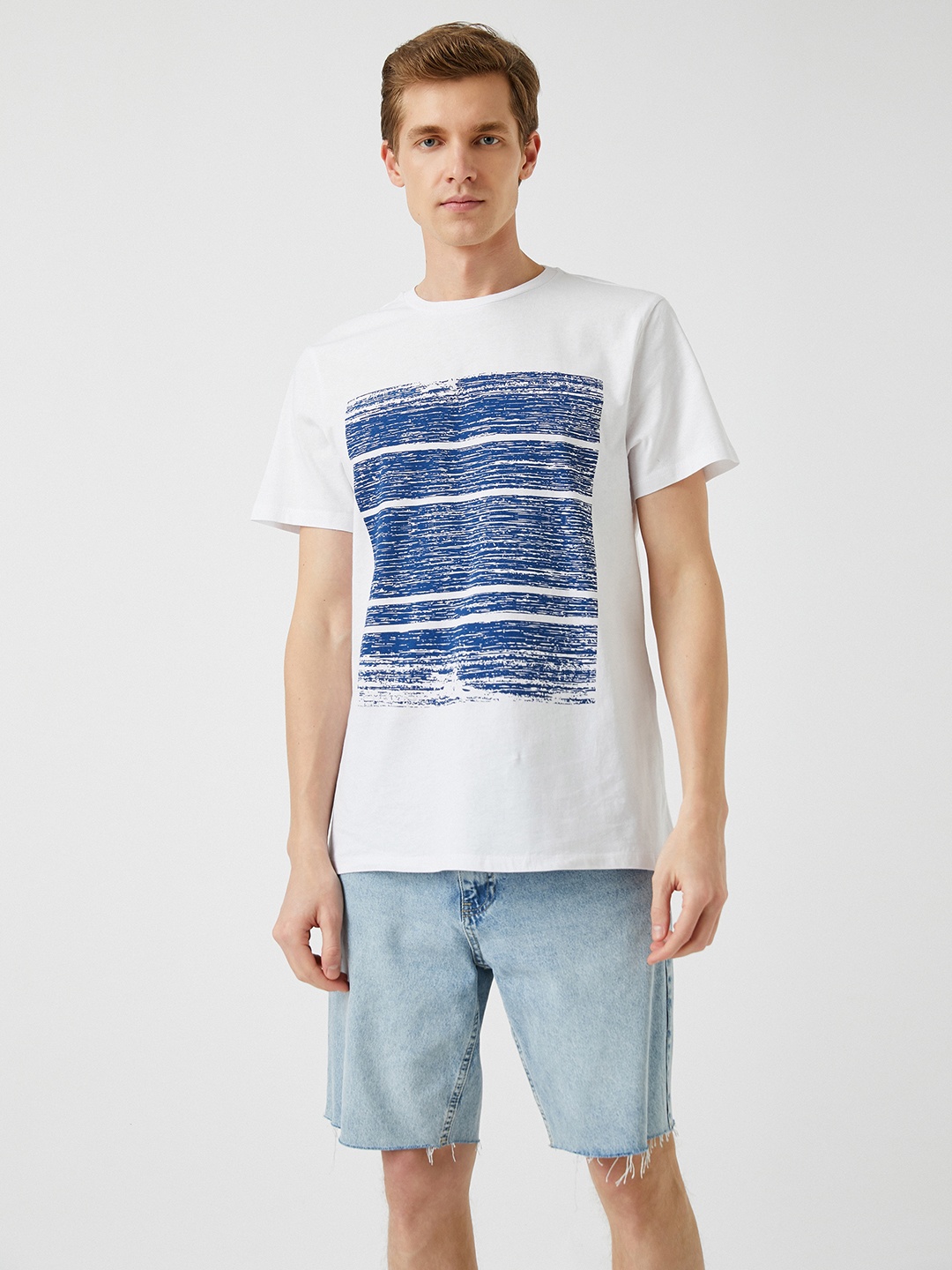 

Koton Men White & Blue Printed Pure Cotton T-shirt