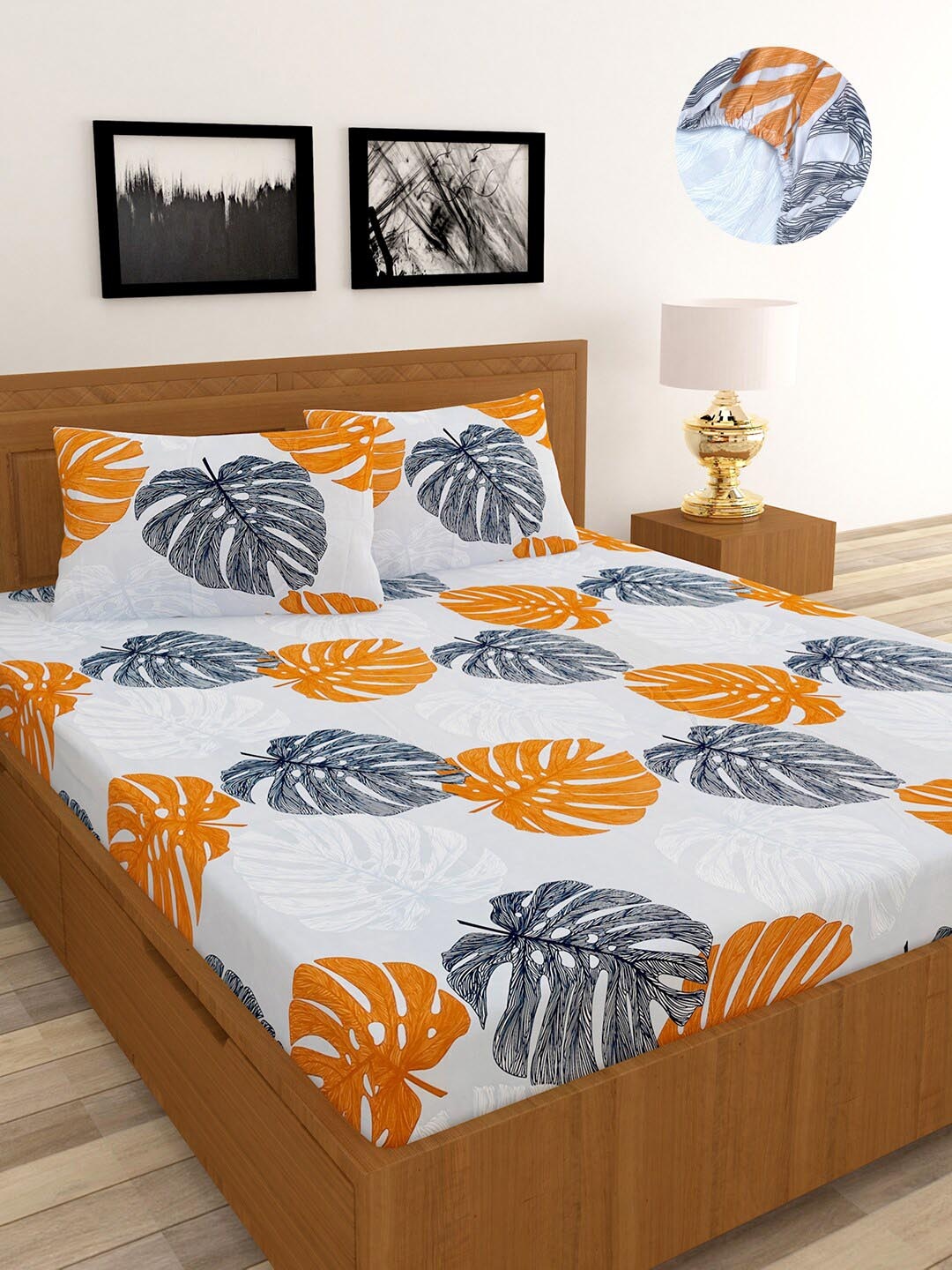 

MORADO Grey & Blue Ethnic Motifs 120 TC Queen Fitted Bedsheet with 2 Pillow Covers