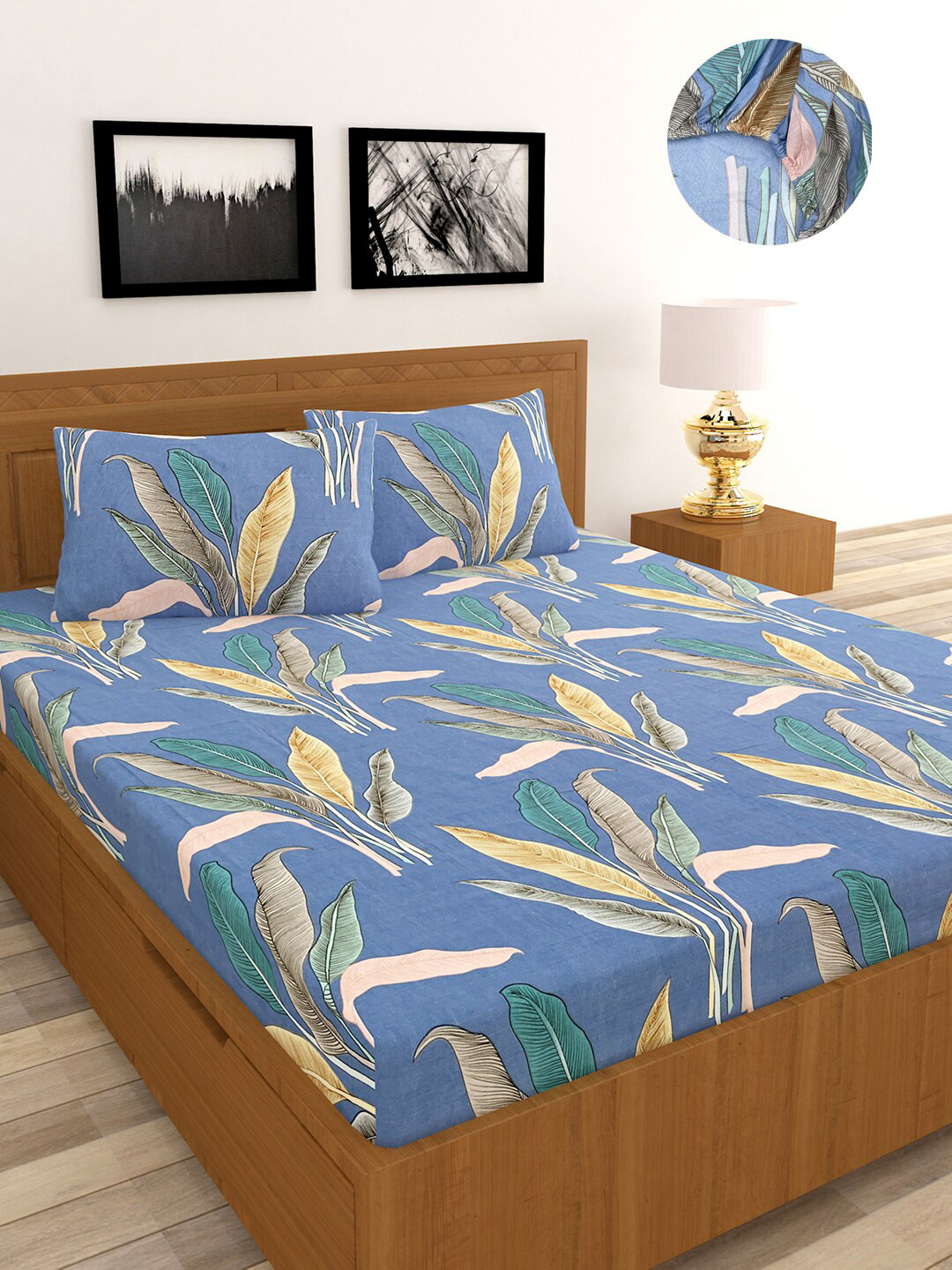 

MORADO Blue & Pink Floral 120 TC Queen Fitted Bedsheet with 2 Pillow Covers