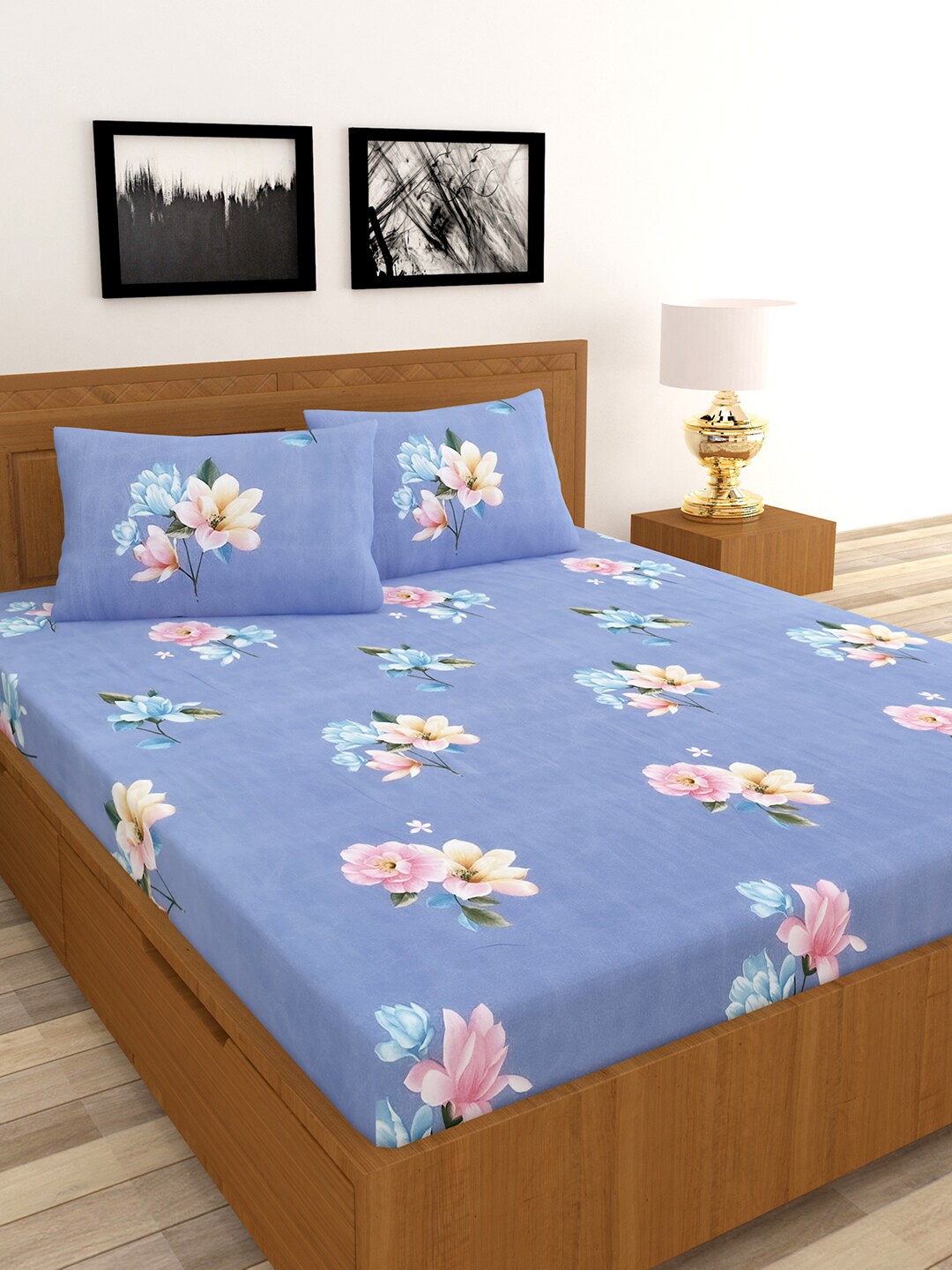 

MORADO Blue & Pink Floral 120 TC Queen Fitted Bedsheet with 2 Pillow Covers