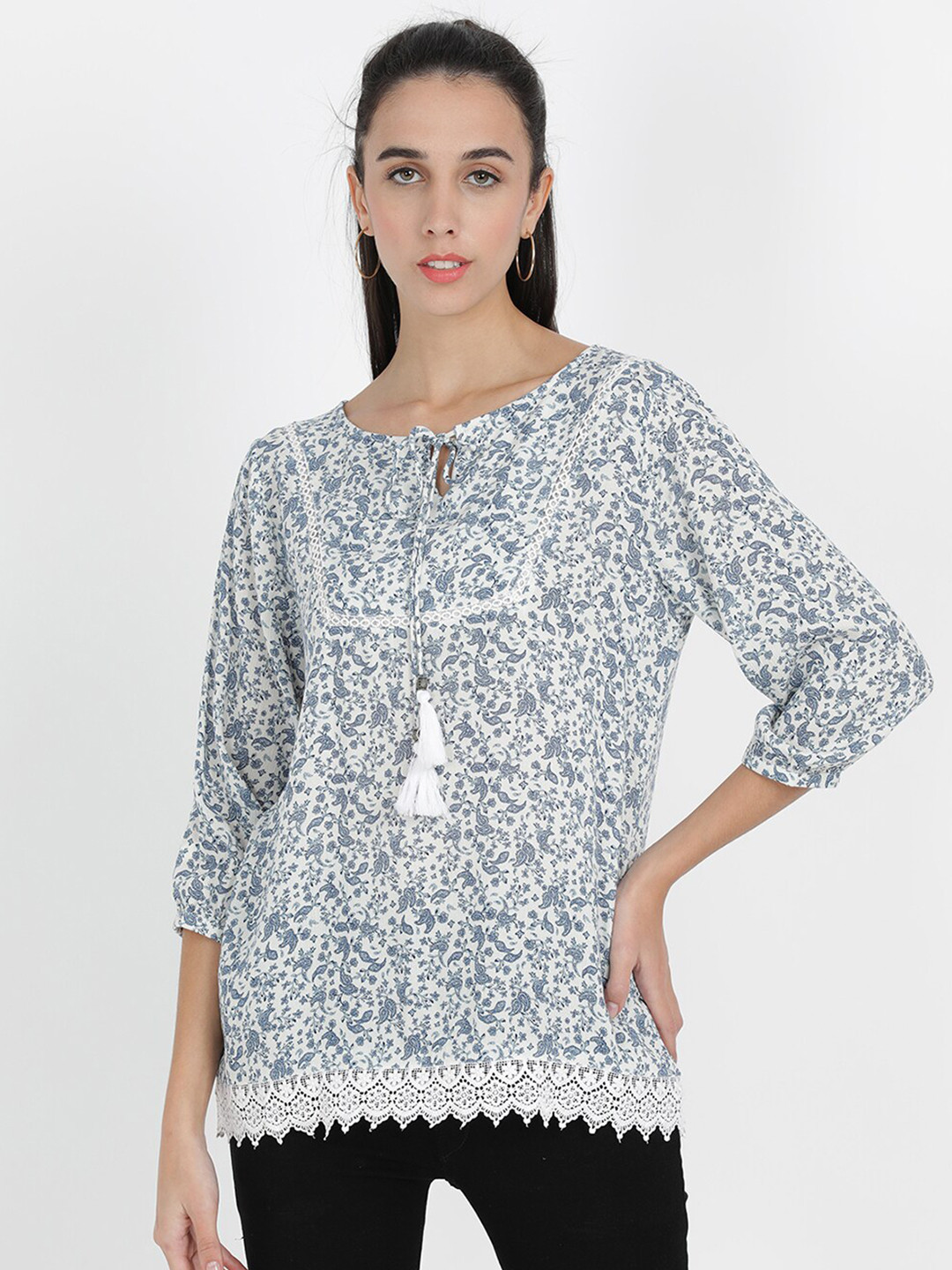 

V2 Value & Variety White & Grey Print Tie-Up Neck Top