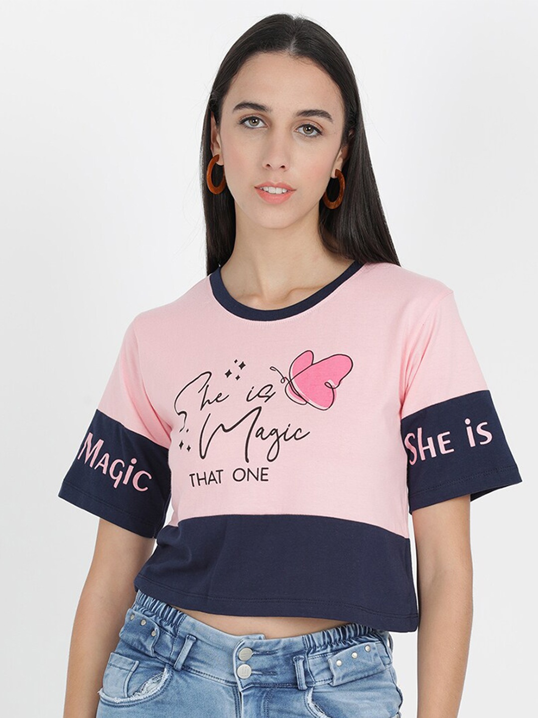 

V2 Value & Variety Women Pink & Blue Print Crop Top
