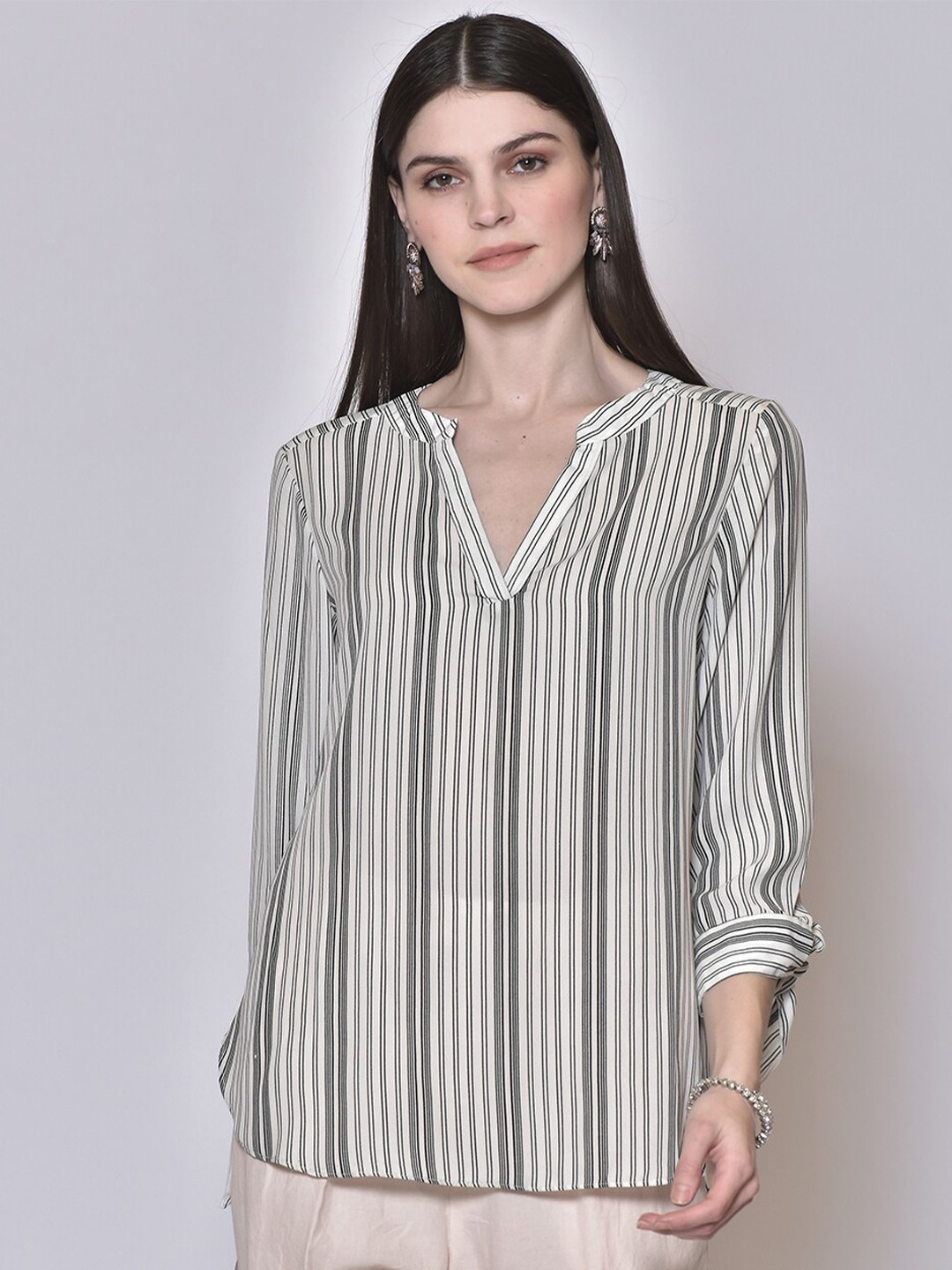 

250 DESIGNS Beige Striped Georgette Top