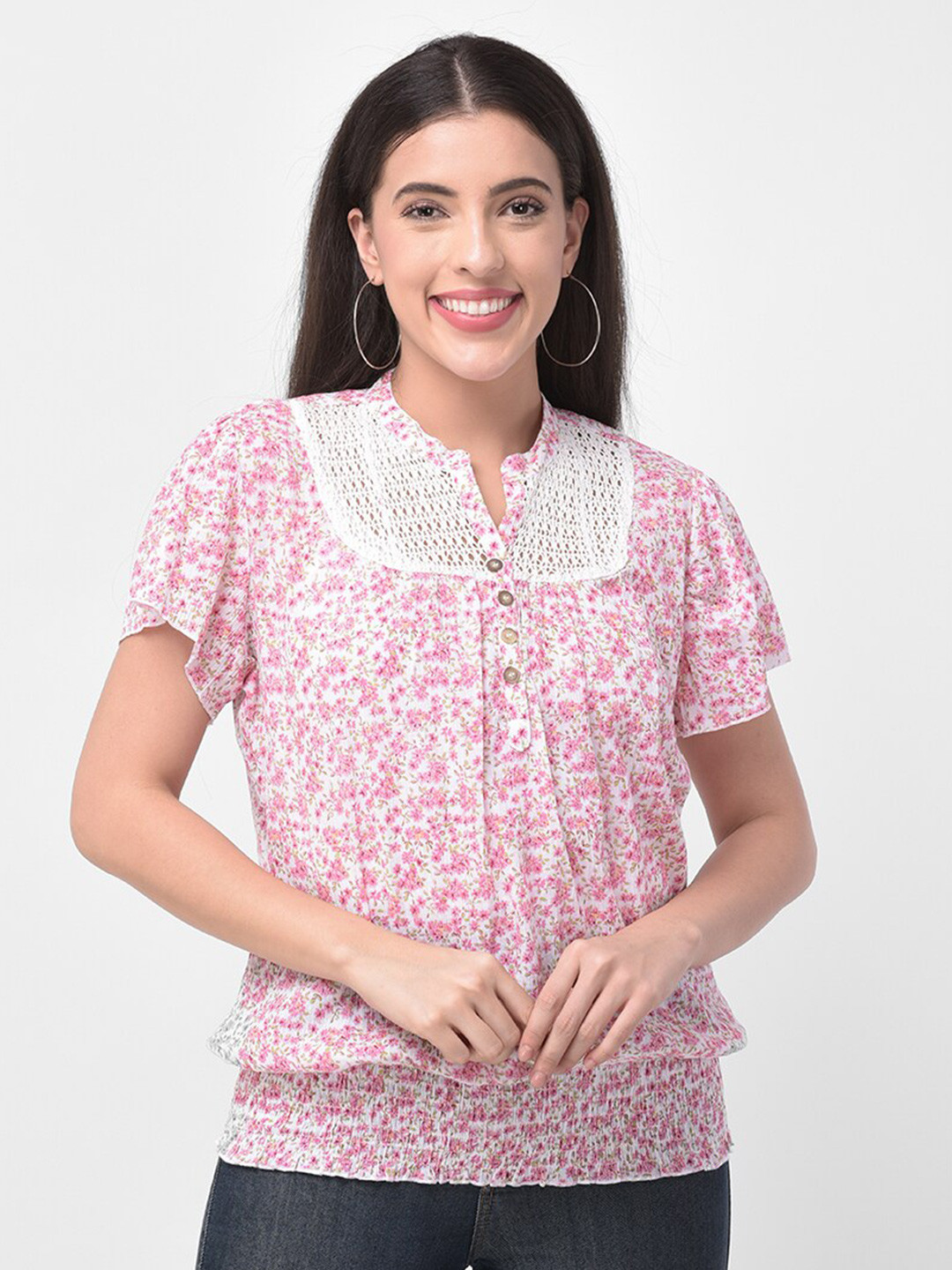 

250 DESIGNS Women Pink Floral Printed Mandarin Collar Top