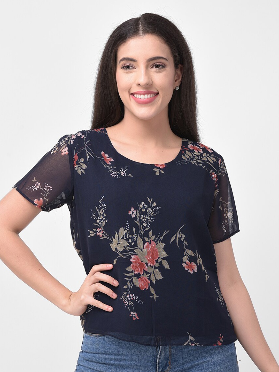 

250 DESIGNS Women Navy Blue Floral Print Georgette Top