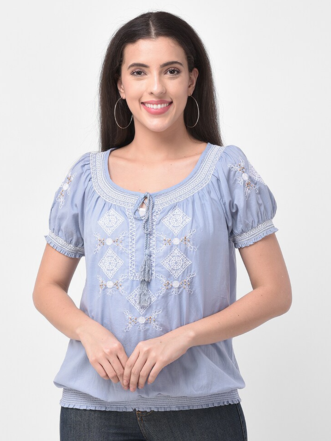 

250 DESIGNS Women Blue Embroidered Tie-Up Neck Blouson Top